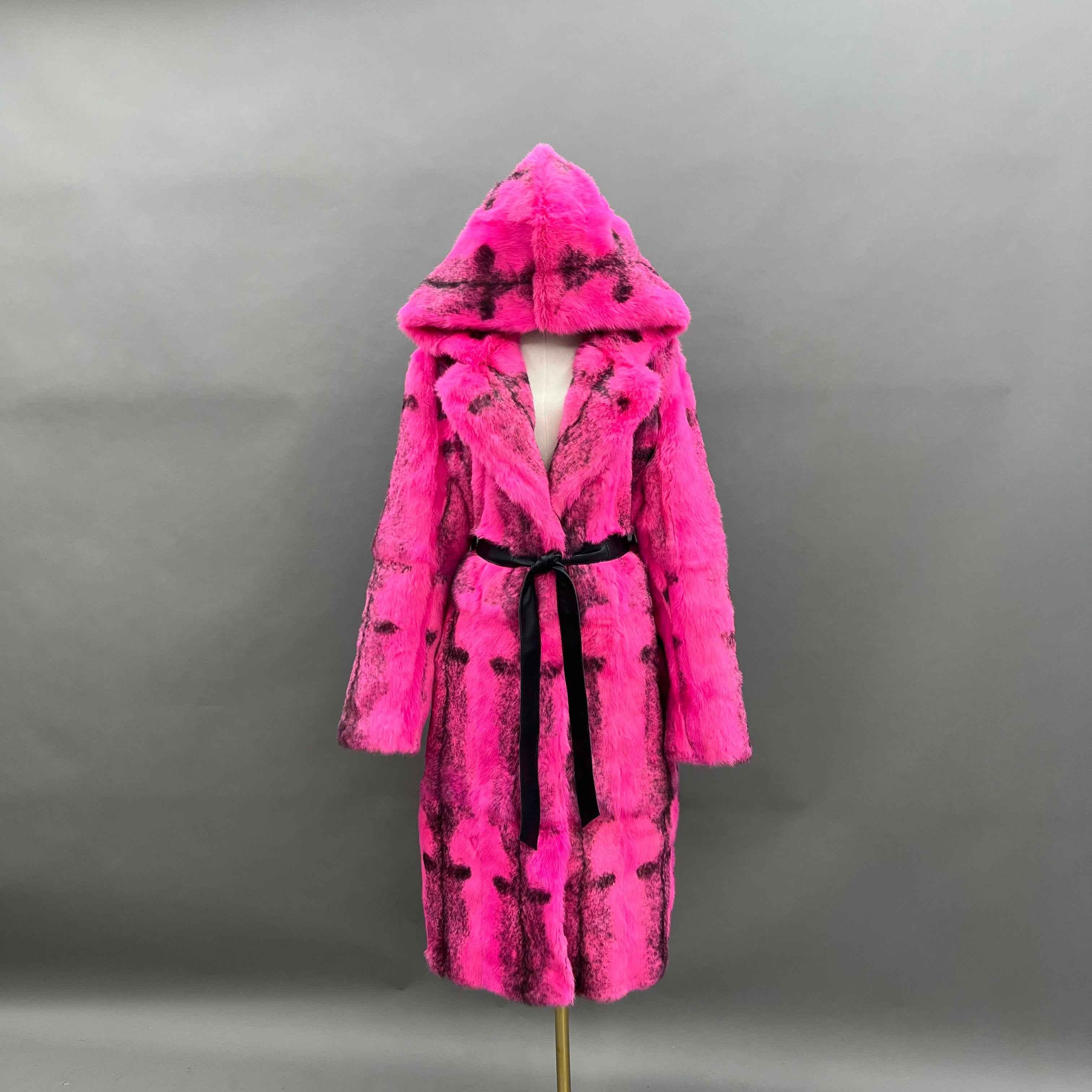 Luxury Pink Rabbit Fur Coat with Hood and Notched Lapel – Long Women’s Winter Fur Jacket with Belt
