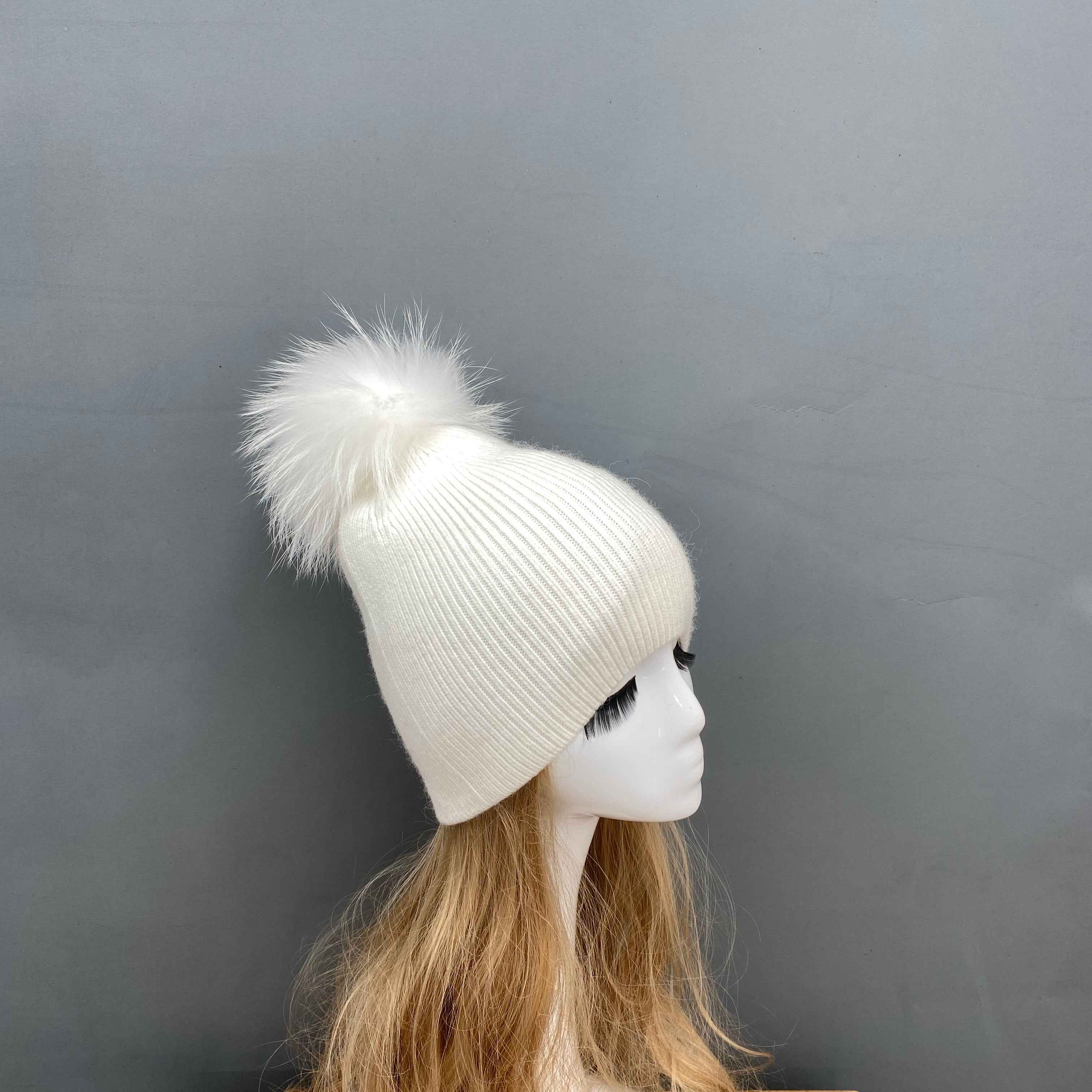Women's & Kids' Gray Knit Beanie with Real Raccoon Fur Pom-Pom – Soft Rabbit Blend, Non-Cuffed Winter Hat for Family 5# Pure White