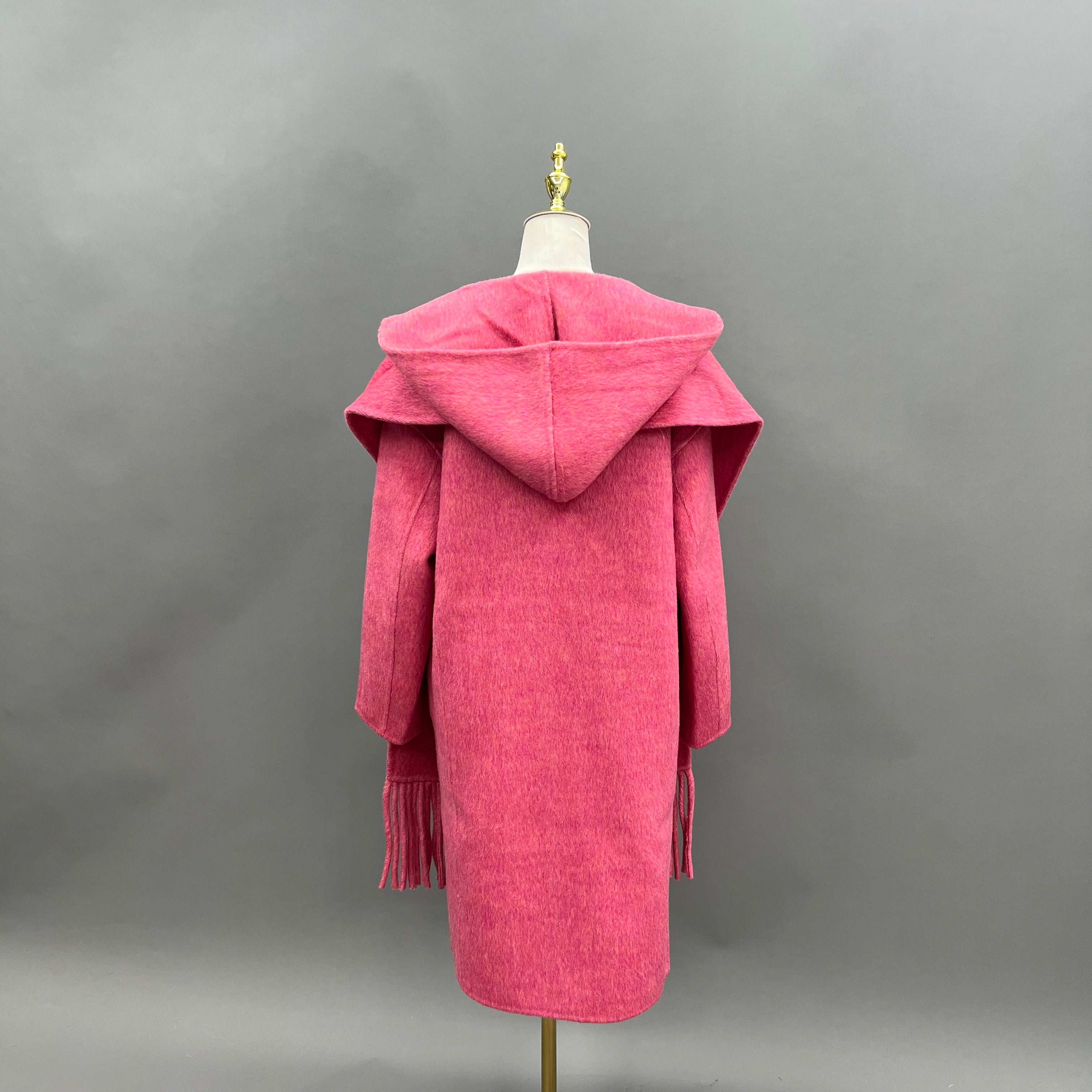 Women’s Pink Double-Faced Wool Coat with Hood and Scarf Collar – Long Winter Jacket with Fringe Detail for Fashion Statement