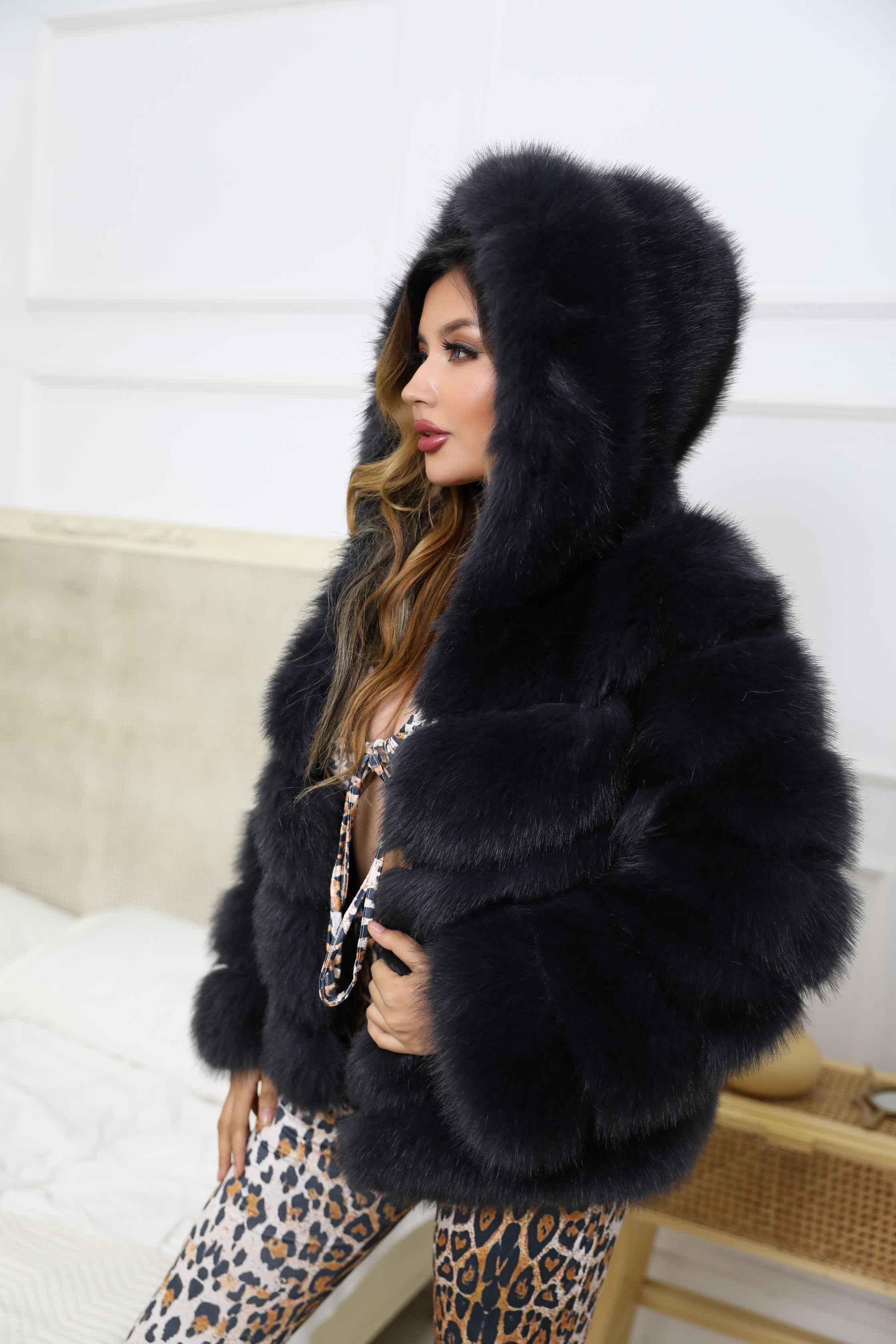 Women's 5-Panel Diagonal Stripe Hooded Faux Fur Coat - Highly Realistic Luxury Winter Outerwear