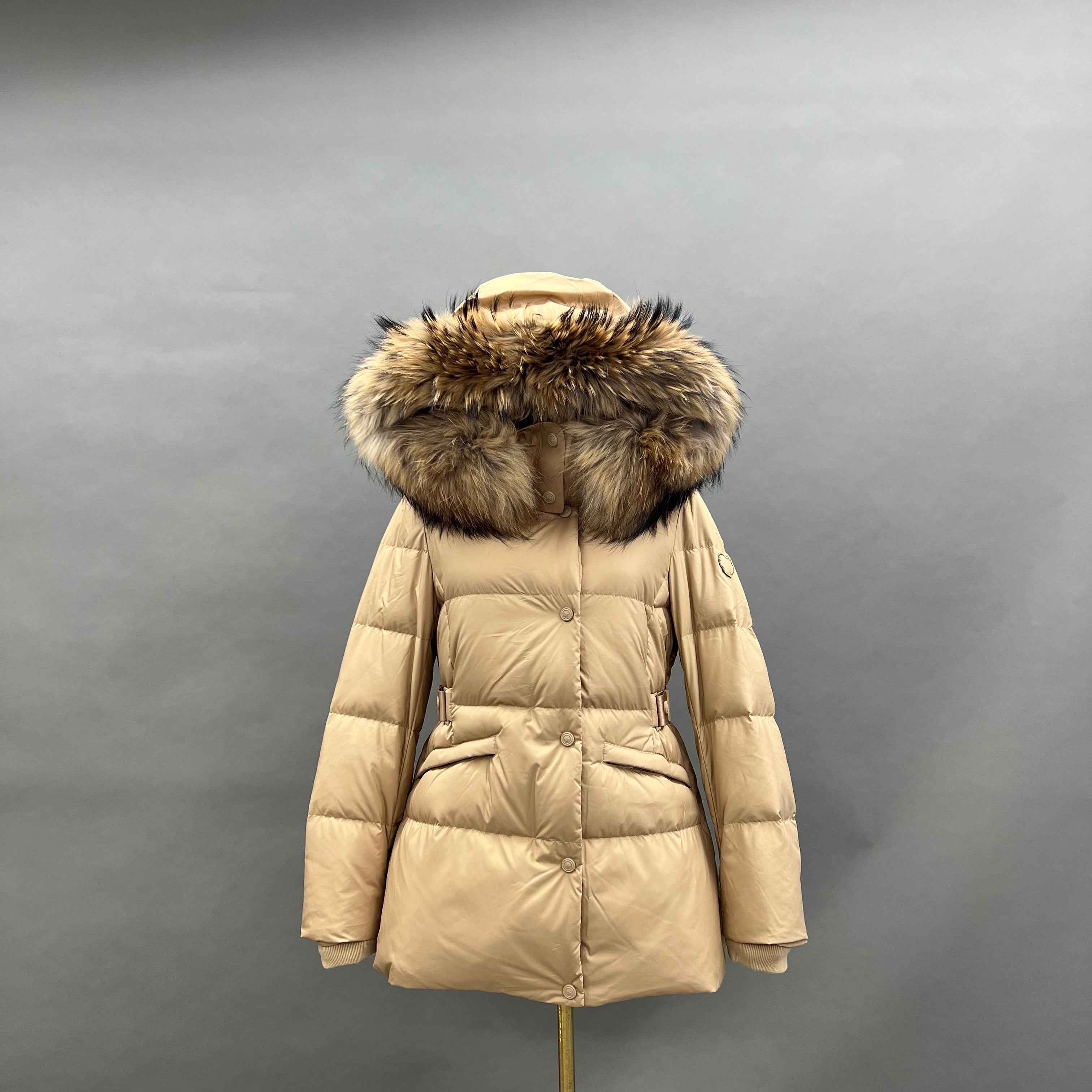 Women's Short Down Jacket with Raccoon Fur - Trimmed Hood