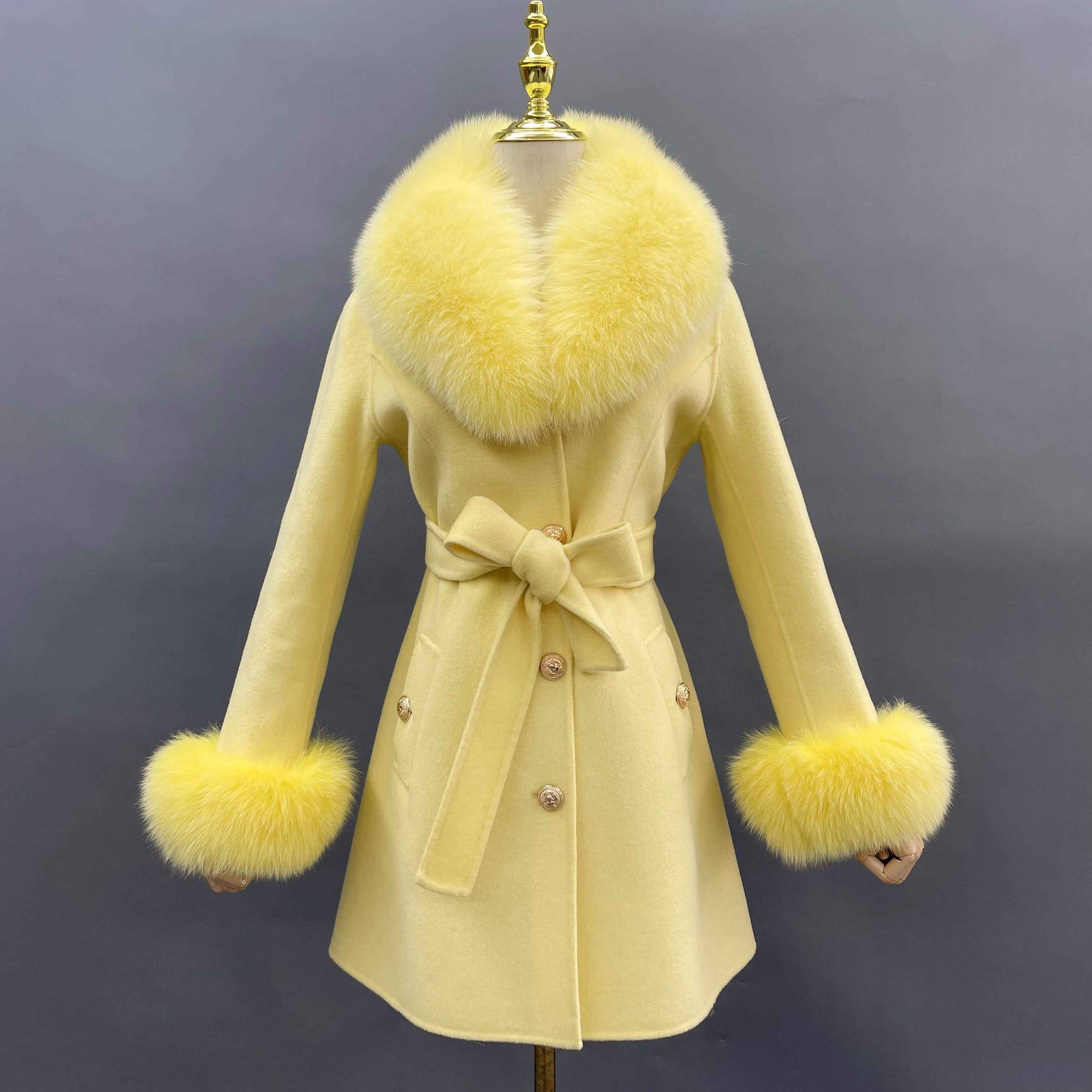 Women's Blue Double-Faced Wool Coat with Real Fox Fur Collar – Belted Bow Design, Stylish Winter Outerwear for Women 2#Mustard Yellow