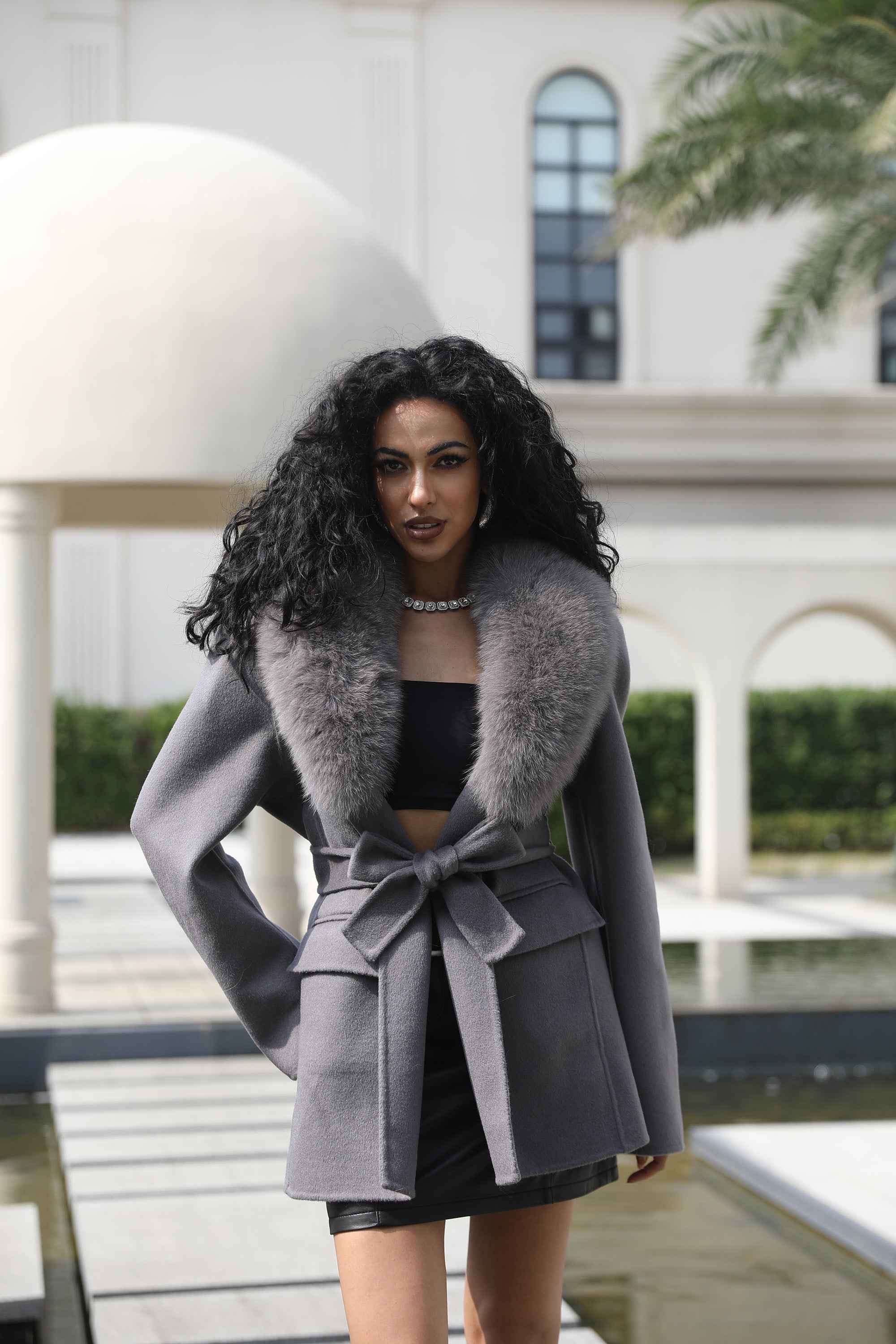 Cashmere Double Faced Coat with Fox Fur Collar, Tie Belt and Shoulder Pads