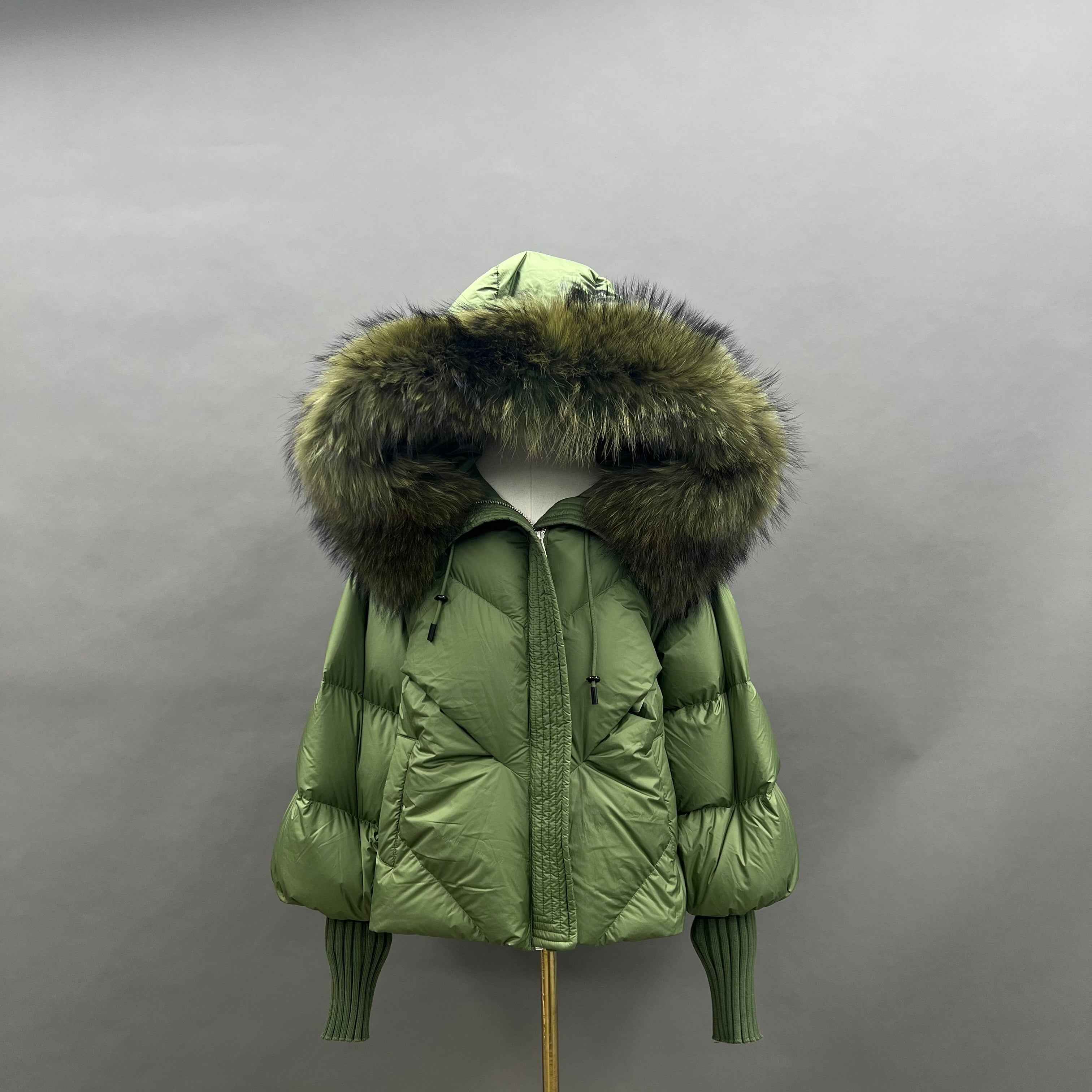 Women's Puffer Down Jacket with Raccoon Fur Trimmed Hood and Elastic - Extended Sleeves