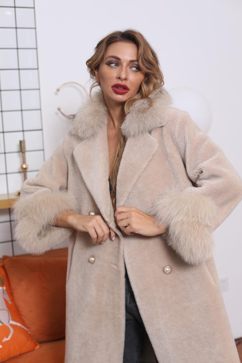 Women's Fox Fur Suit Collar Pearl Button Shearling Jacket - Janefur