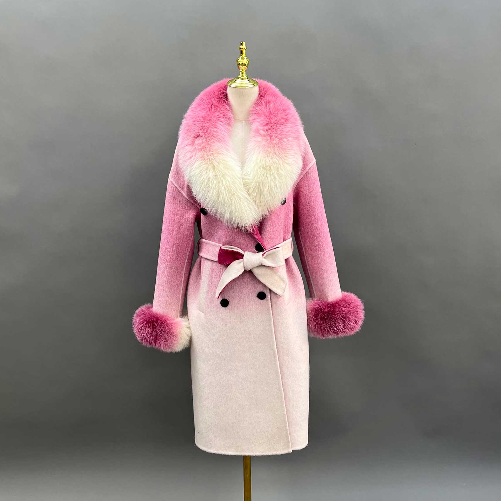 Janefur Trendy Gradient Color Real Fox Fur Collar Long Cashmere Coat for Women - Janefur
