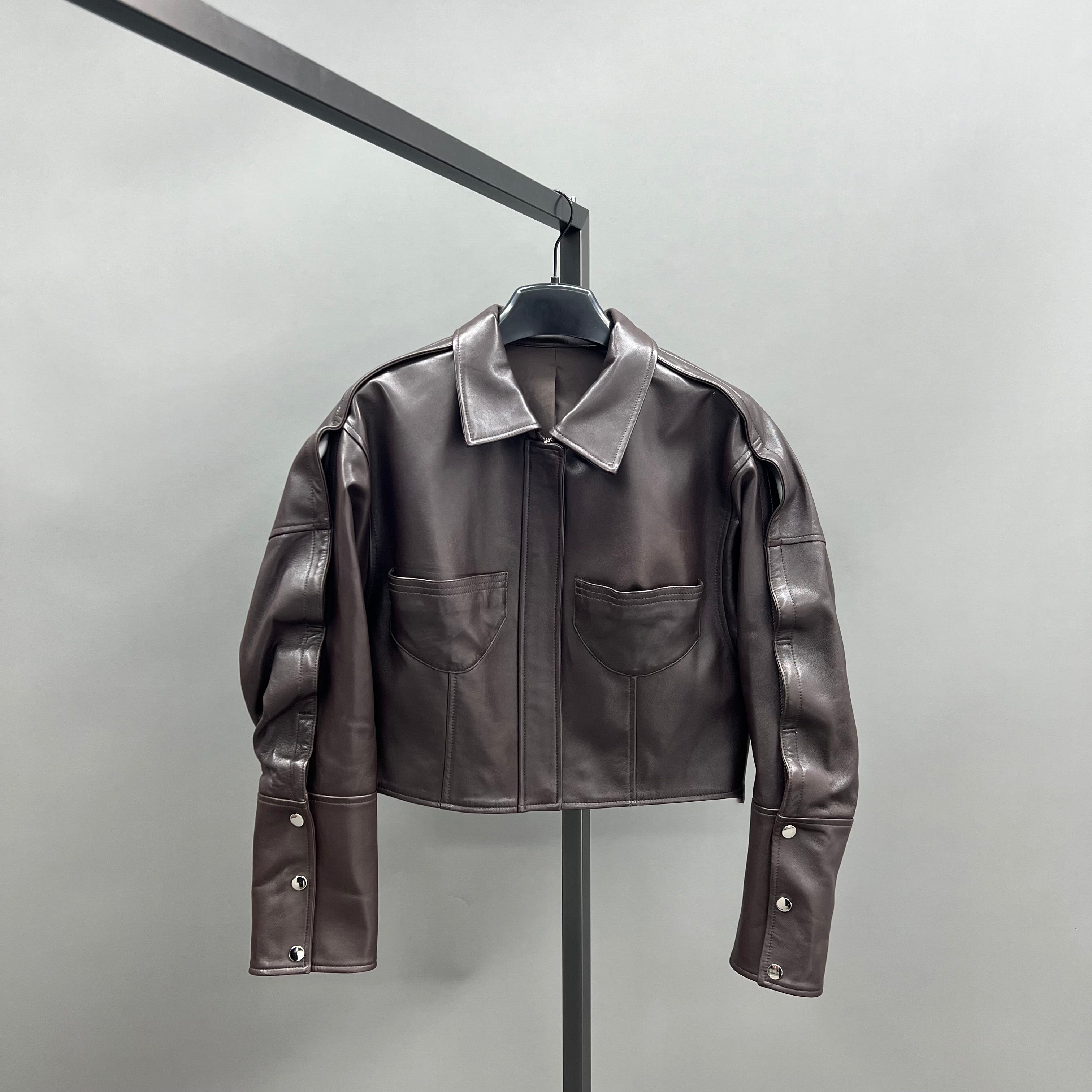 Leather Cropped Jacket with Button Details - Janefur