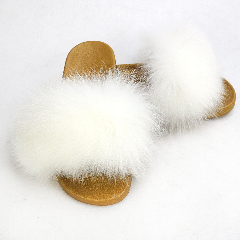 Janefur Wholesale Women's Fashion Slippers With Real Fox Fur Trim (Black, Gold, Silver Soles)