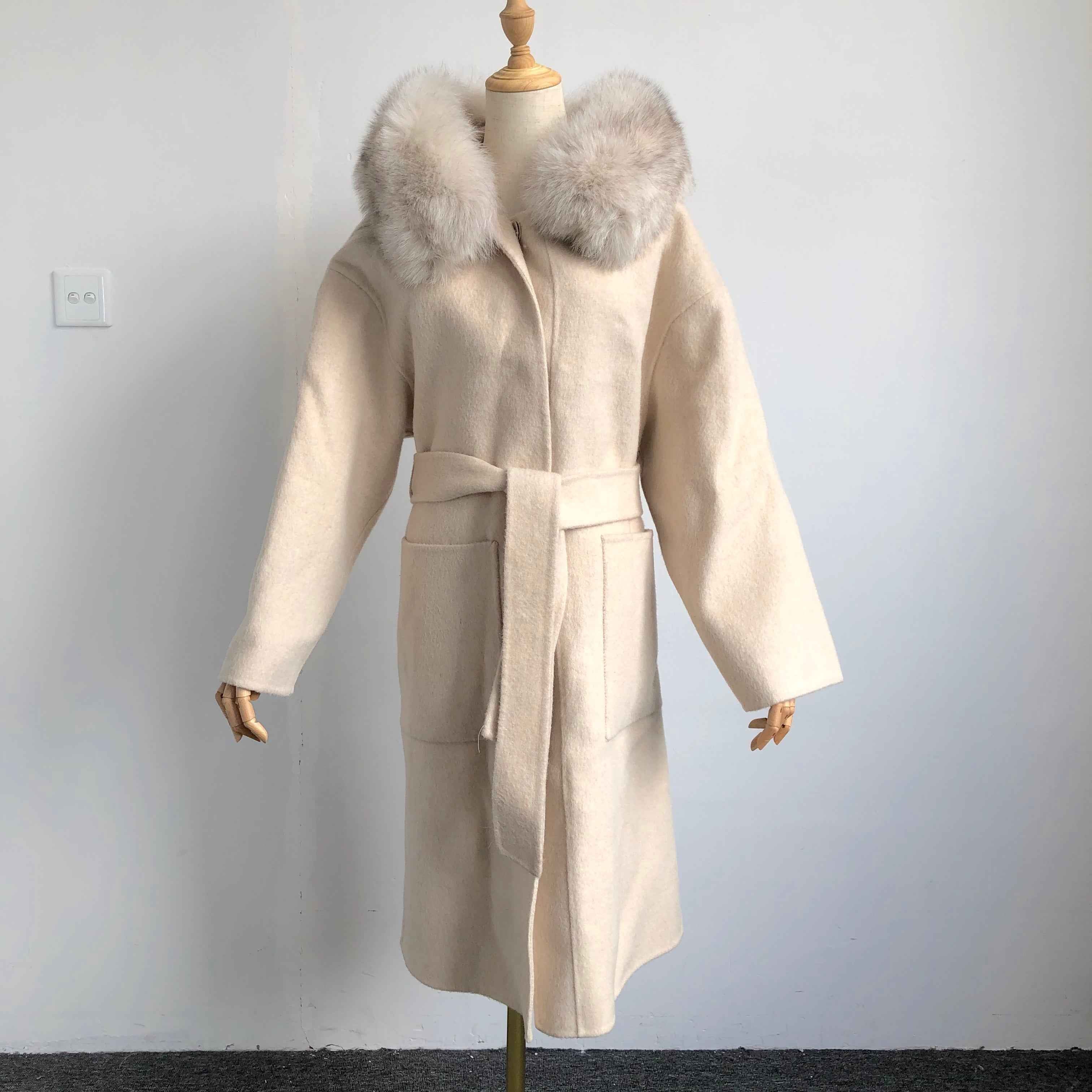 Modern Hooded Double-Faced Wool Coat with Cozy Fox Fur Details
