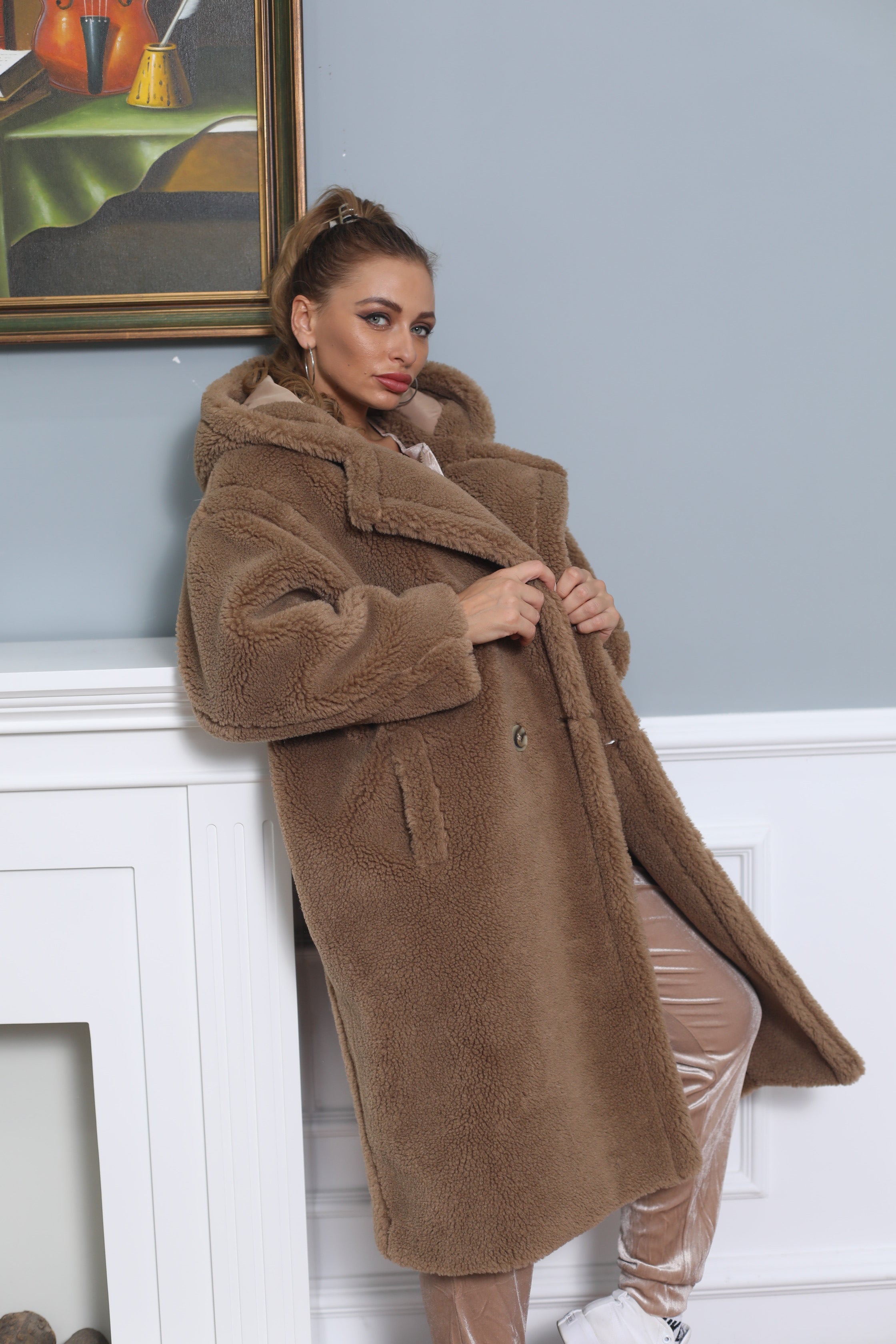 Women's Tan Hooded Teddy Fleece Long Coat with Double-Breasted Notched Lapel - Warm Winter Outerwear
