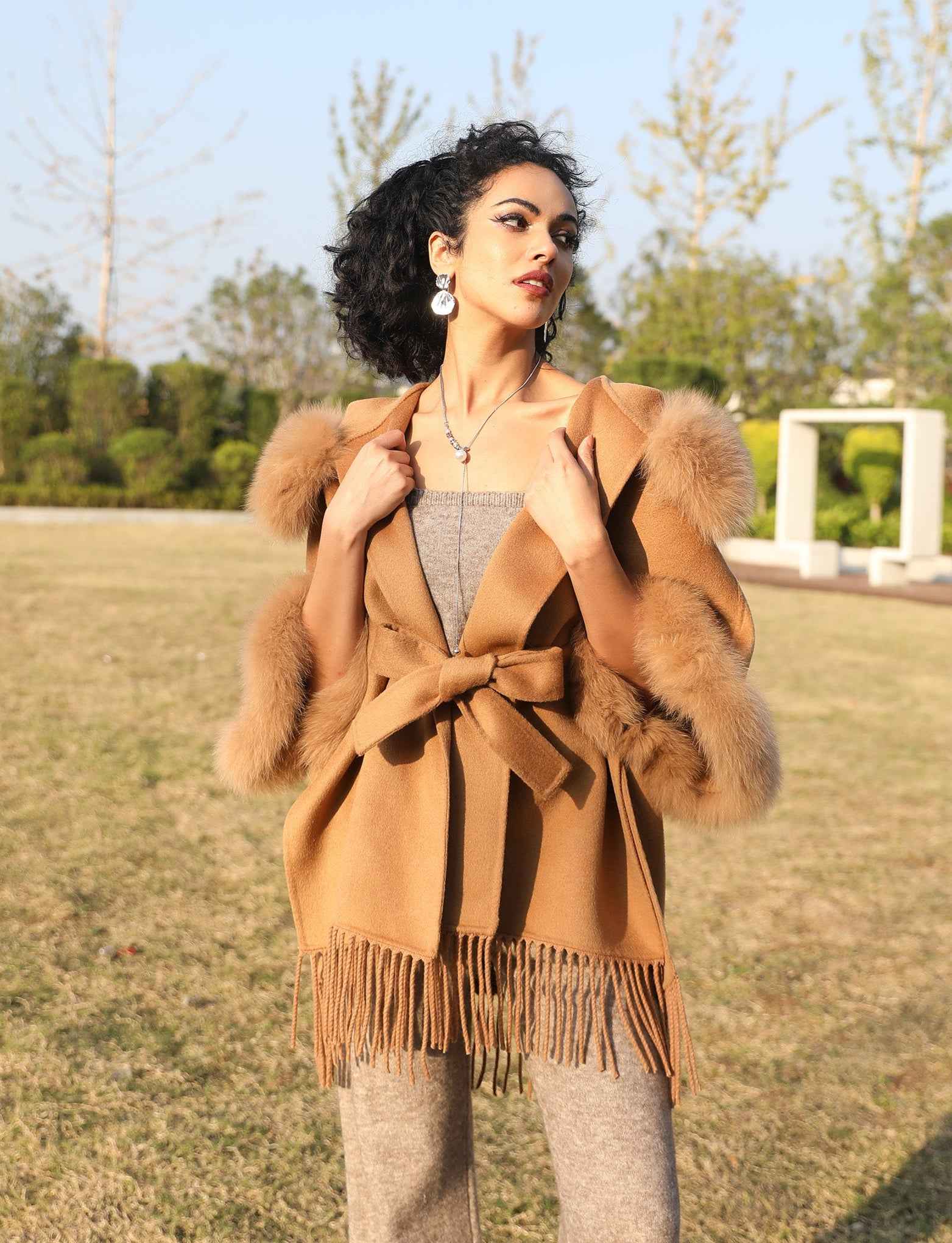 Hooded Double - Faced Wool Cape Coat with Fox Fur Trim and Fringe Hem