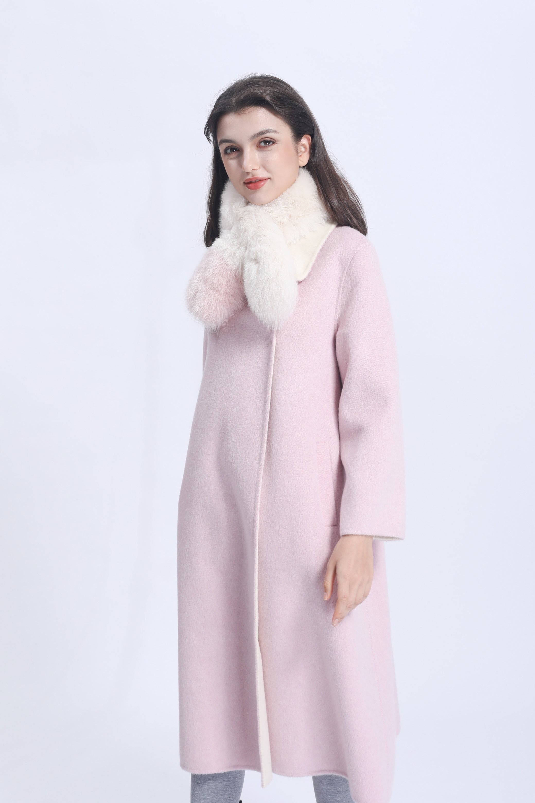 Women's Luxury Double - Faced Wool Trench Coat with Detachable Fox Fur Scarf, Elegant Winter Outerwear