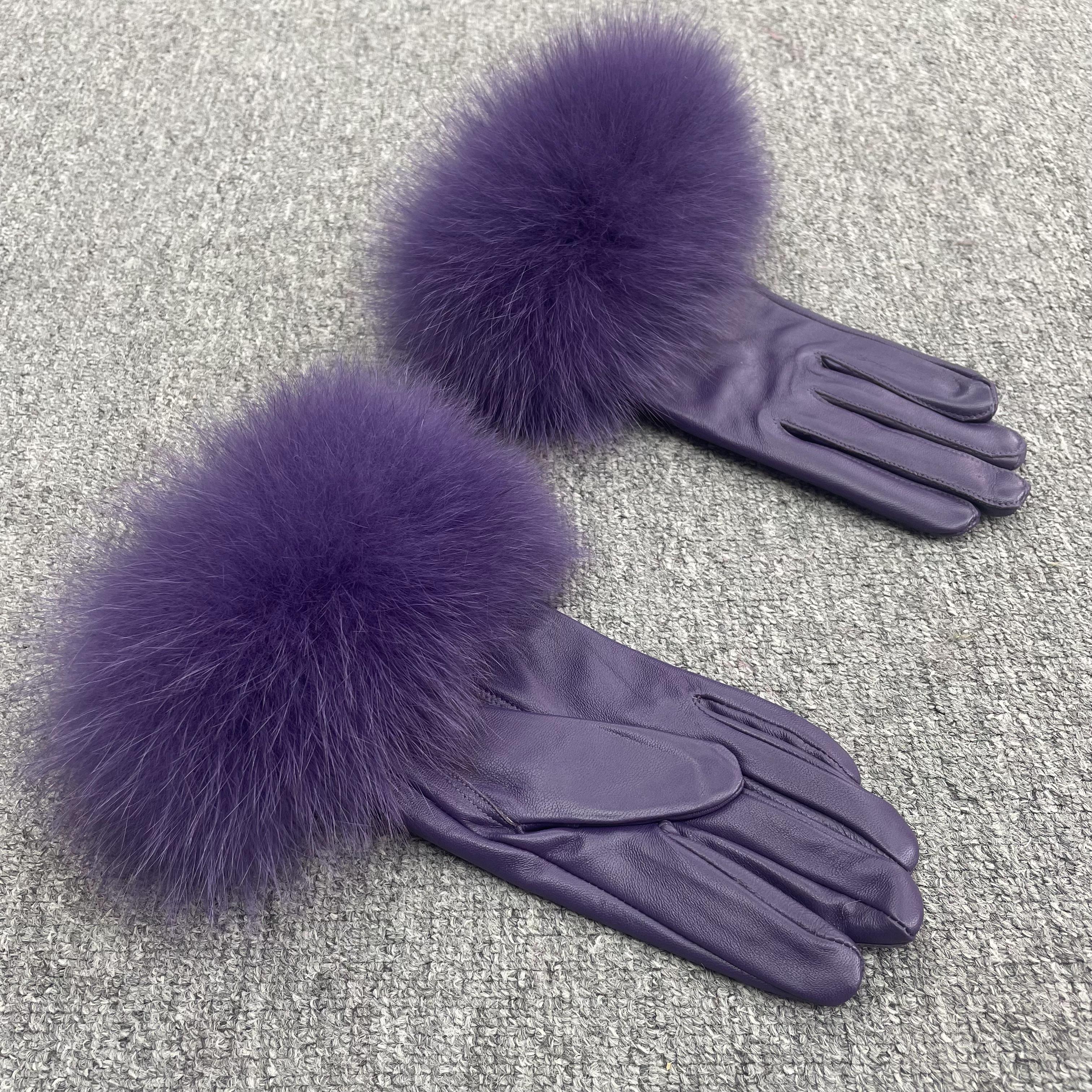 Women’s Black Leather Gloves with Real Fox Fur Trim – Elegant Winter Fashion Accessory for Luxury Style 4 F