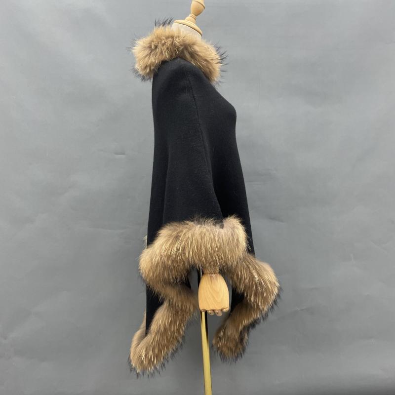 Collar and Hem Raccoon Fur Stripe Knitted Cape - Janefur
