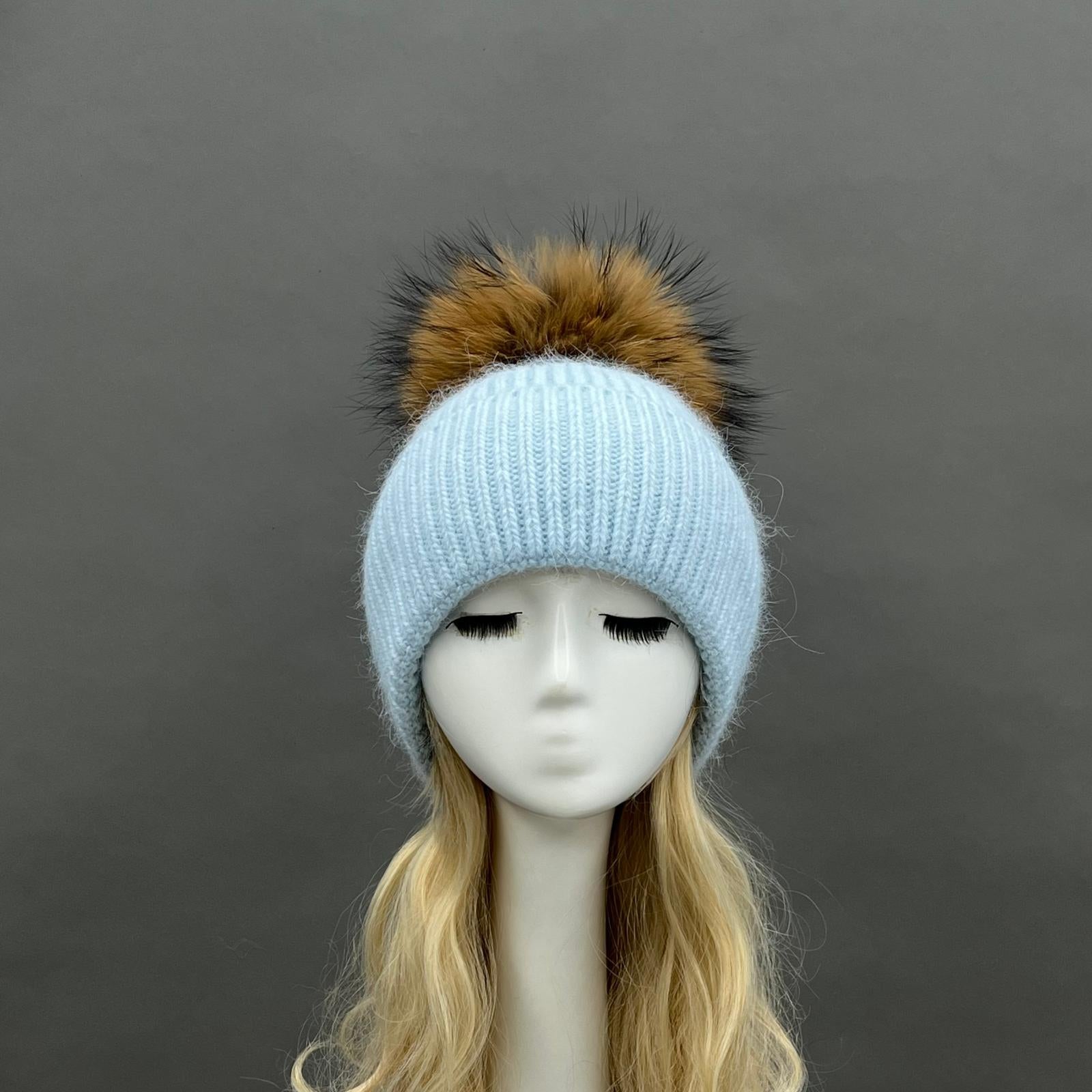 Women's Fashion Thin Striped Rabbit Fur Pom Pom Hat - Janefur