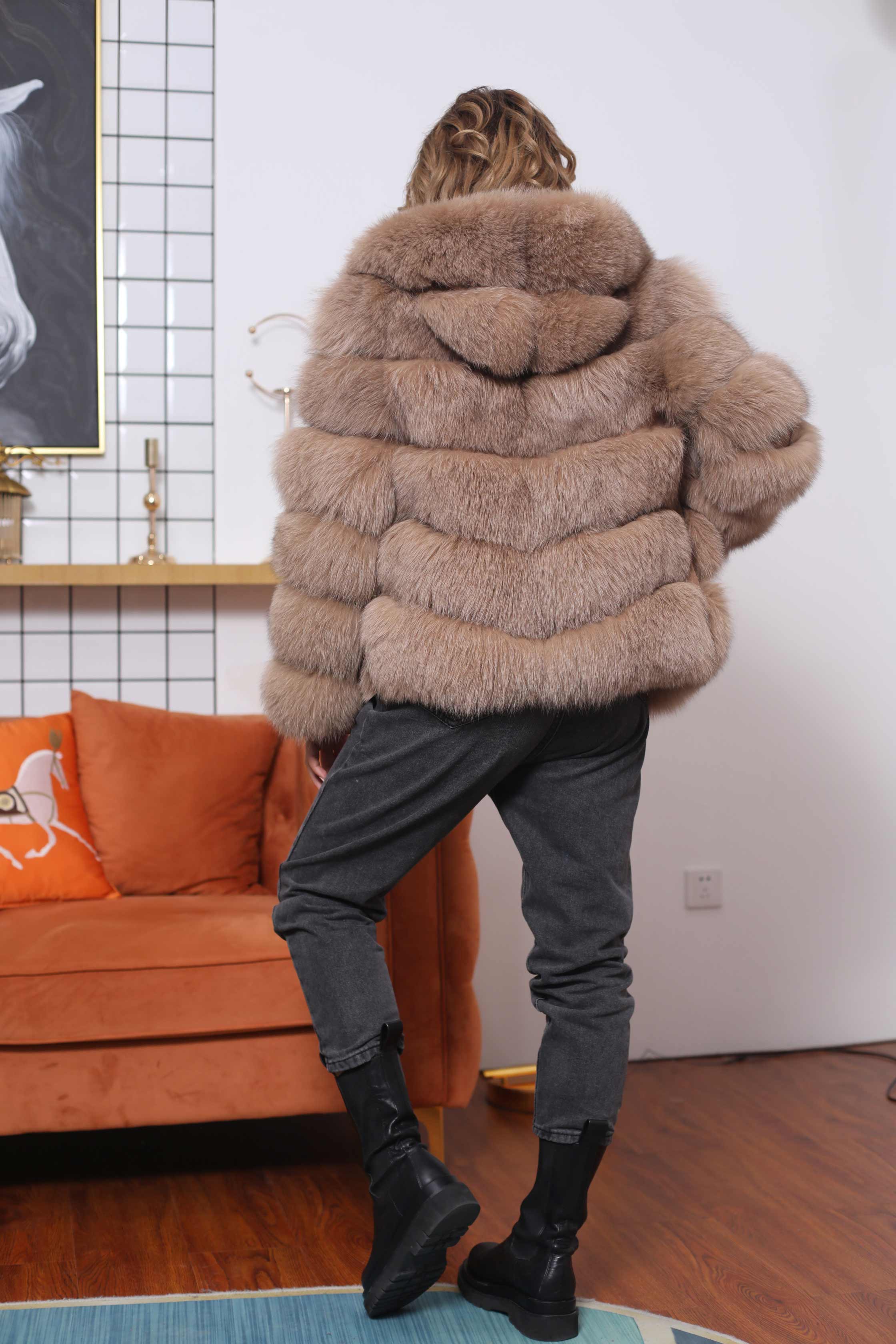 Women's Winter Warm Luxury Fox Leather Jacket Diagonal Stripe Hooded Coat - Janefur