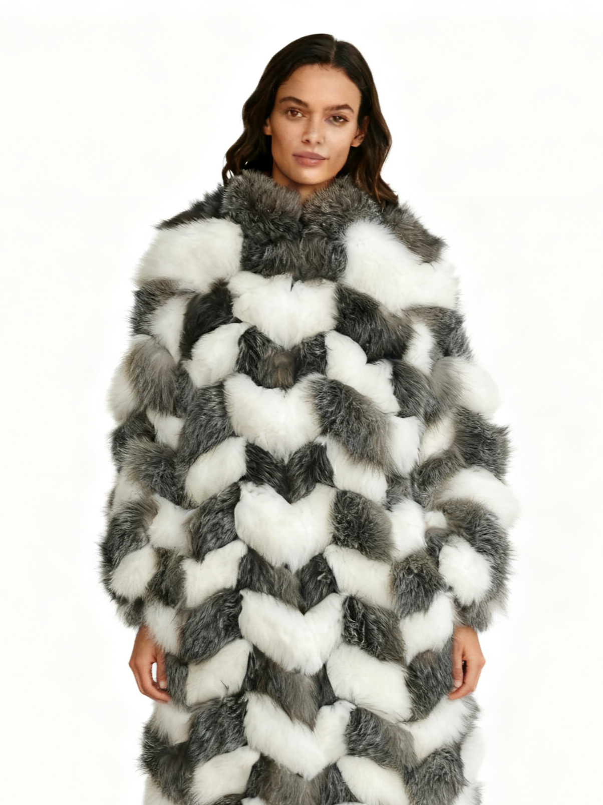 Geometric Fox Fur Checkered Coat - High-End Color Block Winter Fashion