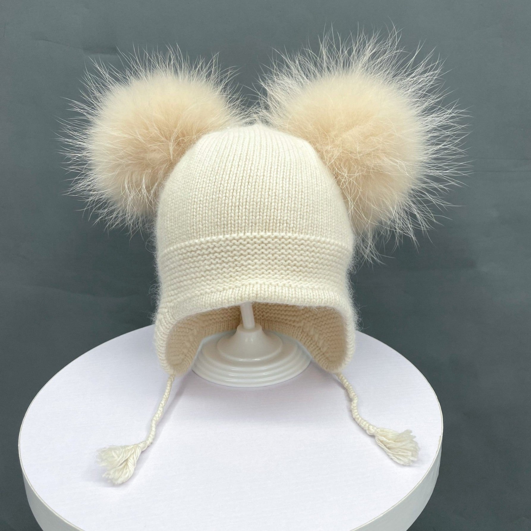 Kids Cute Pigtails Angora Double Raccoon Fur Pom Pom Hat - Janefur