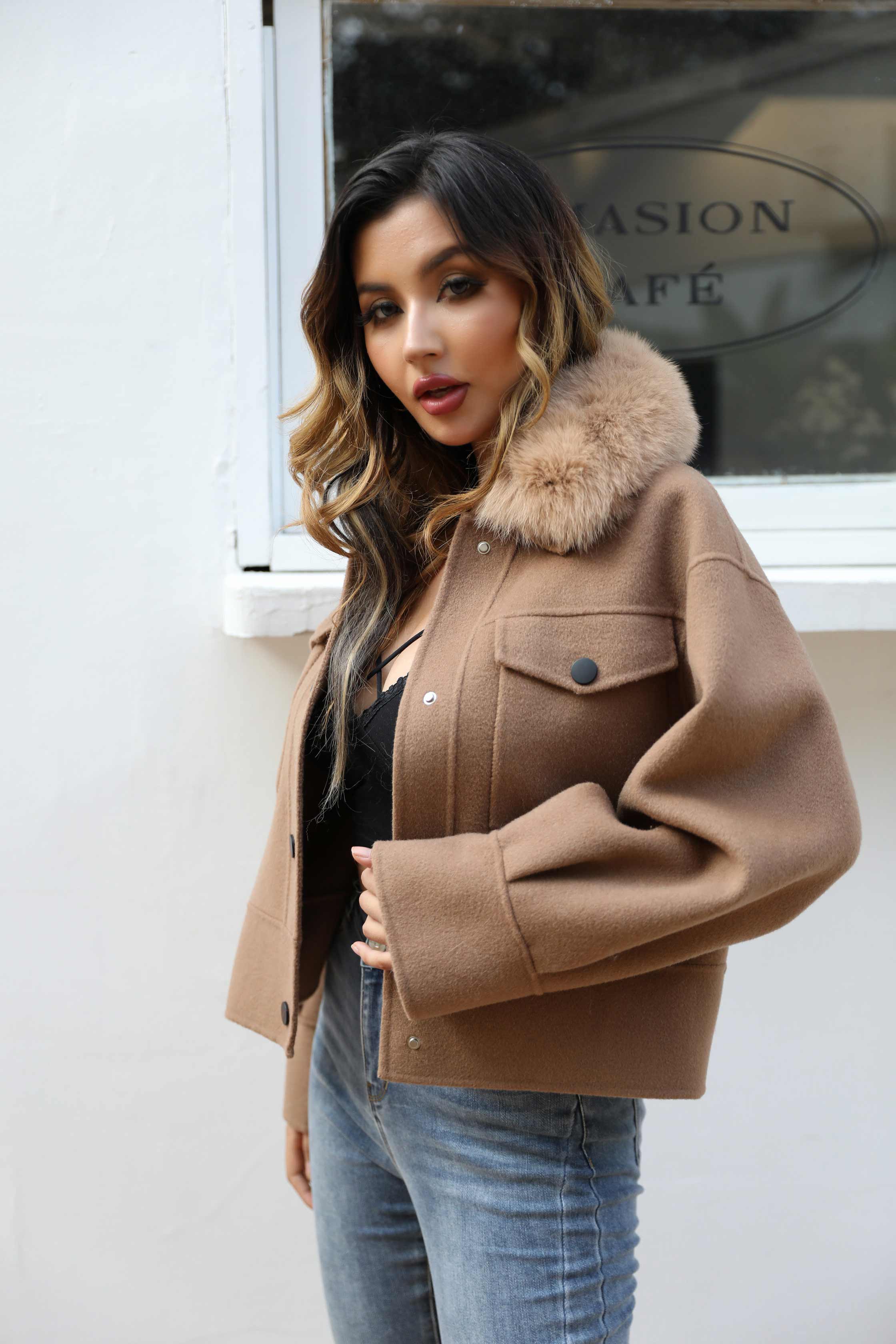 Women's Short Fox Fur Lapel Buckle Fly Casual Cashmere Jacket - Janefur
