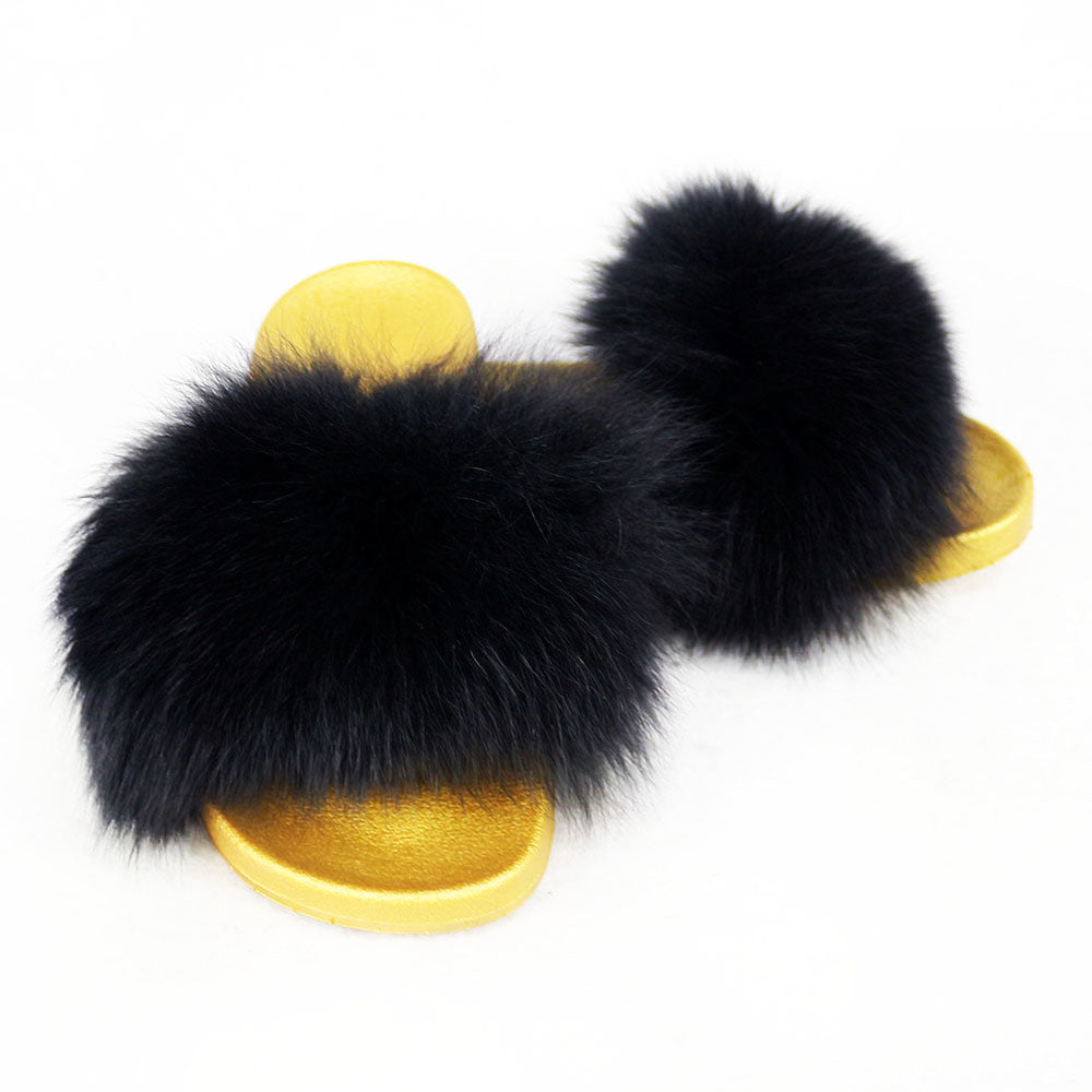 Janefur Wholesale Women's Fashion Slippers With Real Fox Fur Trim (Black, Gold, Silver Soles)