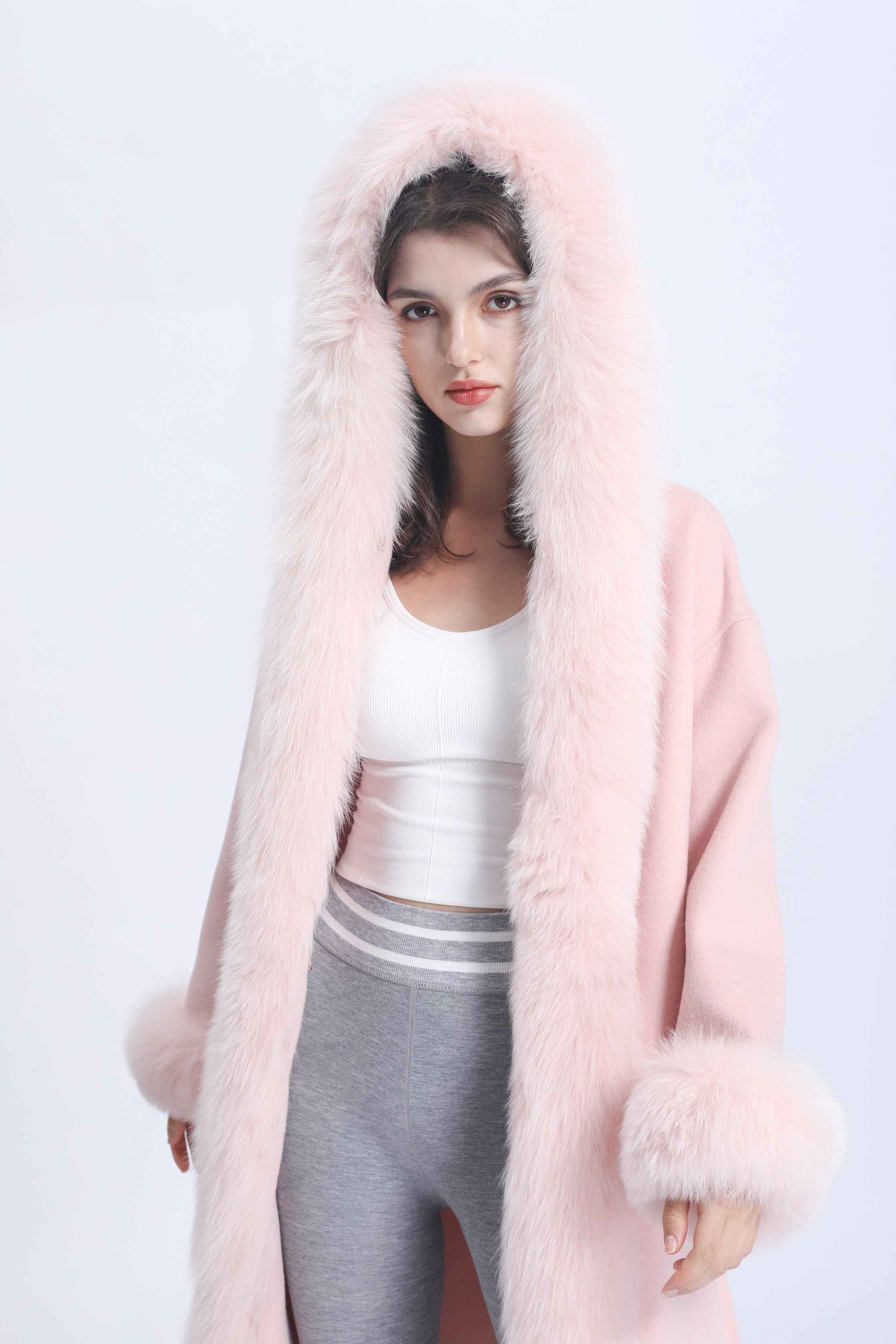 Women's Luxury Double - Faced Wool Coat with Fox Fur Trim  & Fox Fur Cuffs, Belted Elegant Winter Outerwear