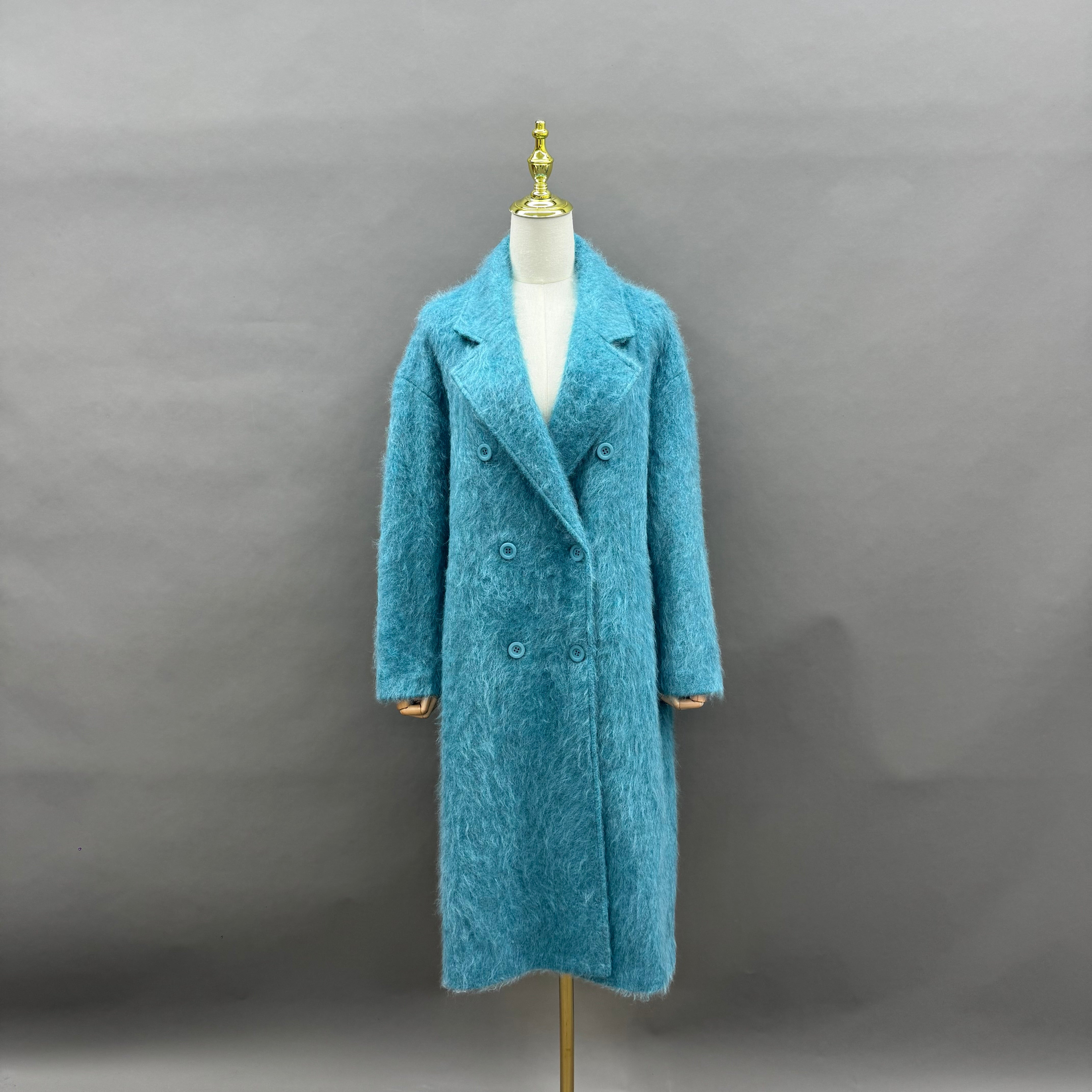 Women’s Gray Wool and Cashmere Blend Double-Breasted Long Coat – Classic Notched Lapel Winter Outerwear for Elegant Fashion 1#Blue