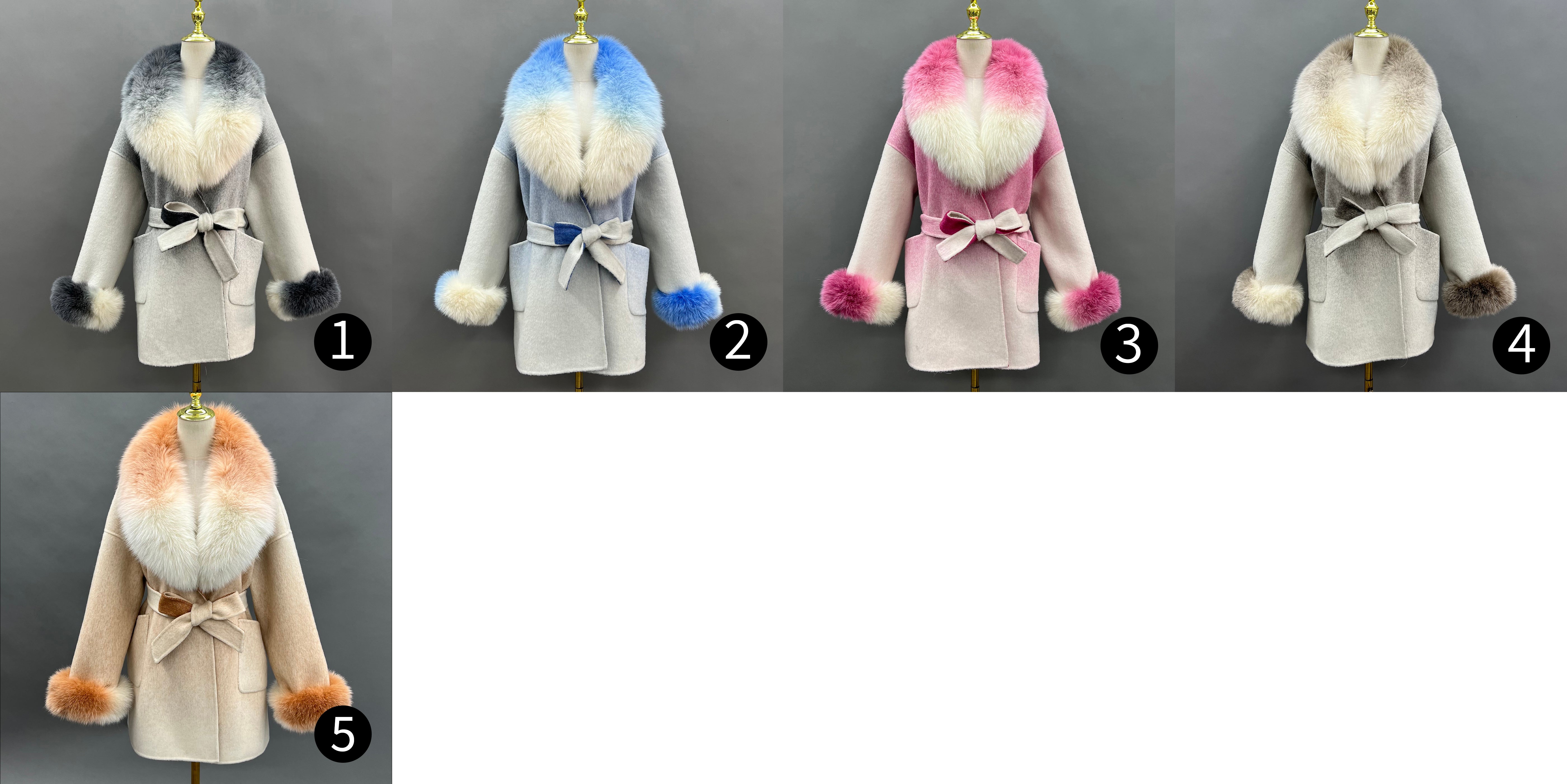 Women’s Pink Gradient Real Fox Fur Collar Wool Coat – Bow Belted Short Winter Jacket for Elegant Fashion