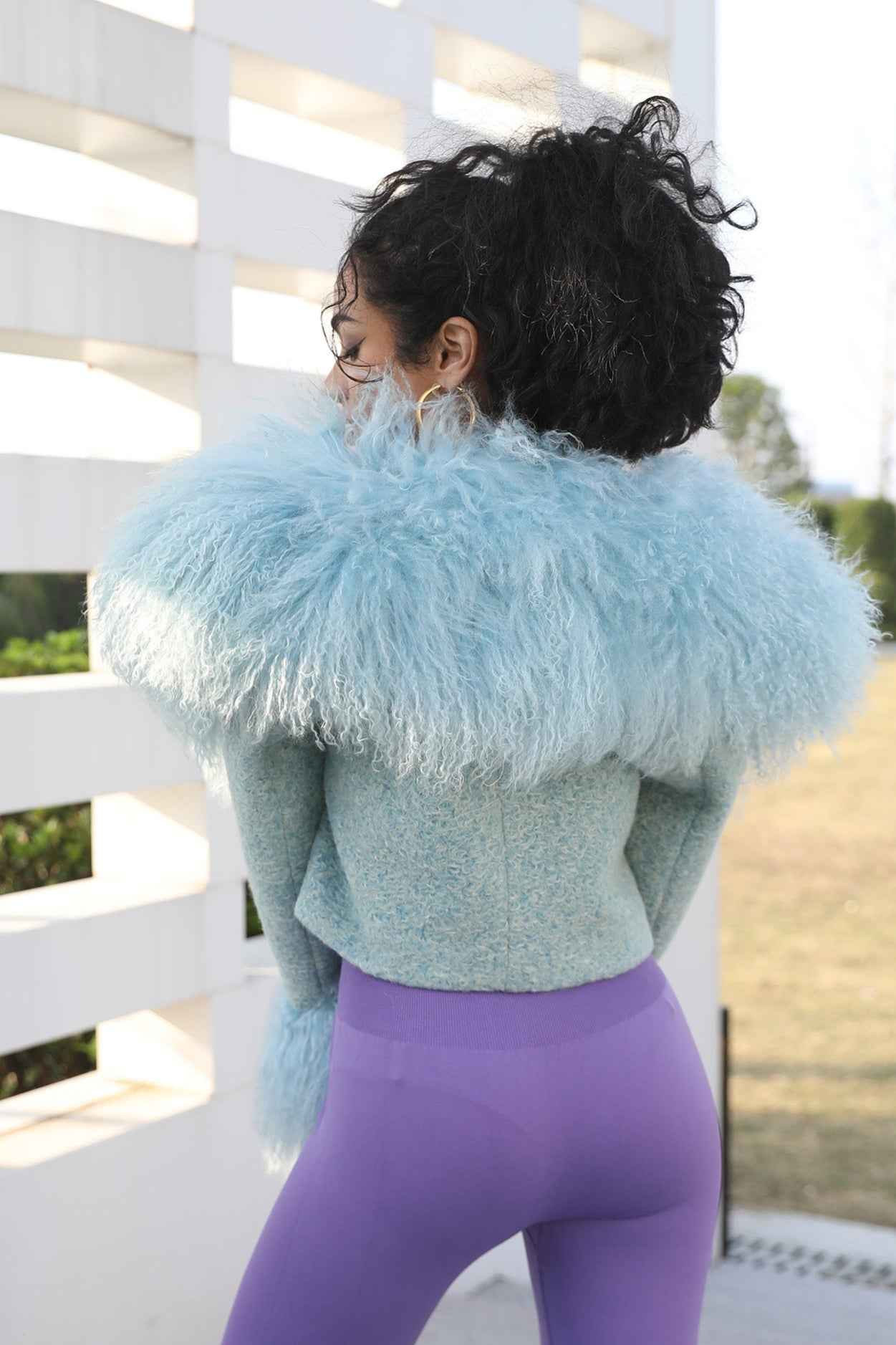 Cashmere Short Coat with Tibetan Lamb Fur Collar and Cuffs