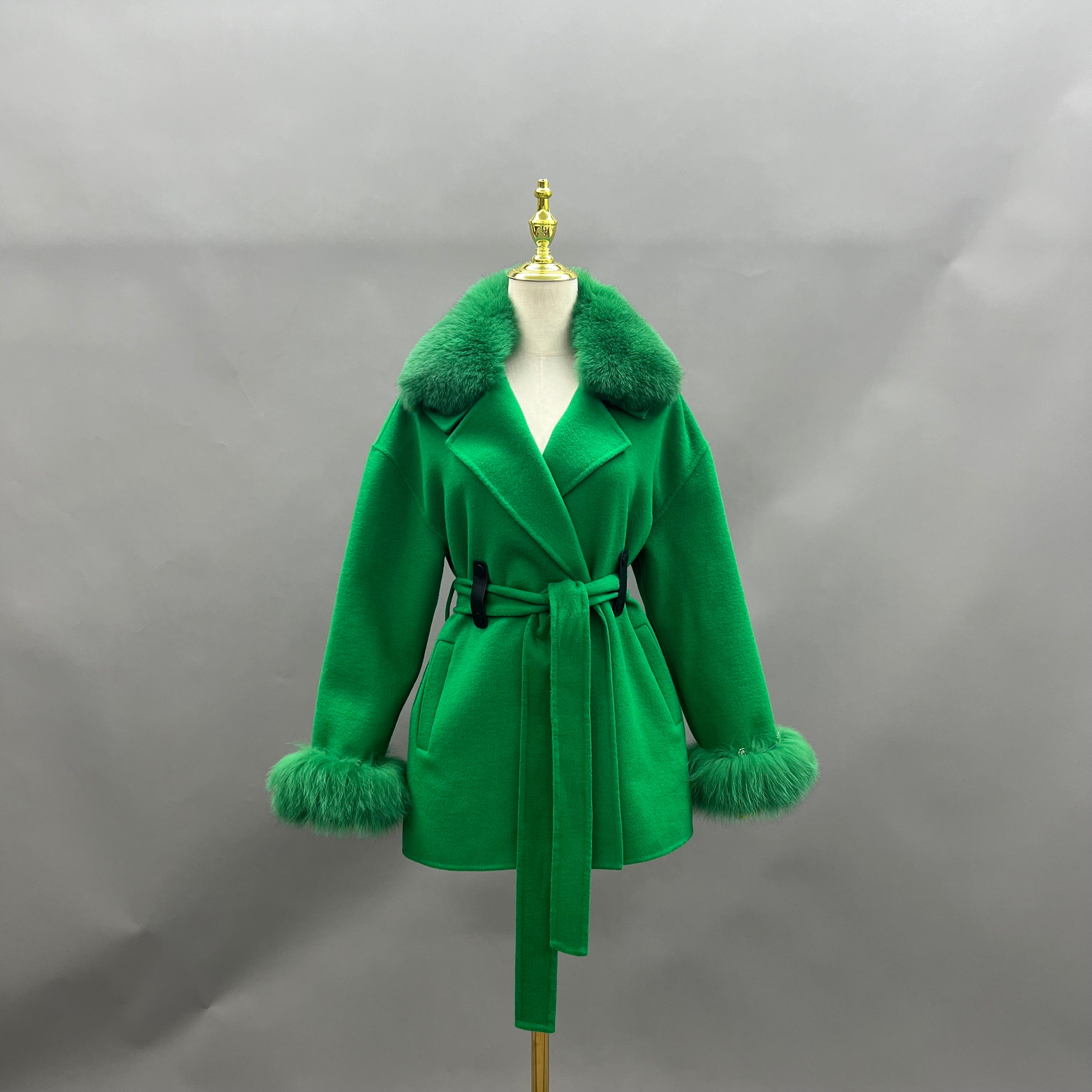Trendy New Style Fox Fur Collar Short Cashmere Coat For Women 5#Fresh Green