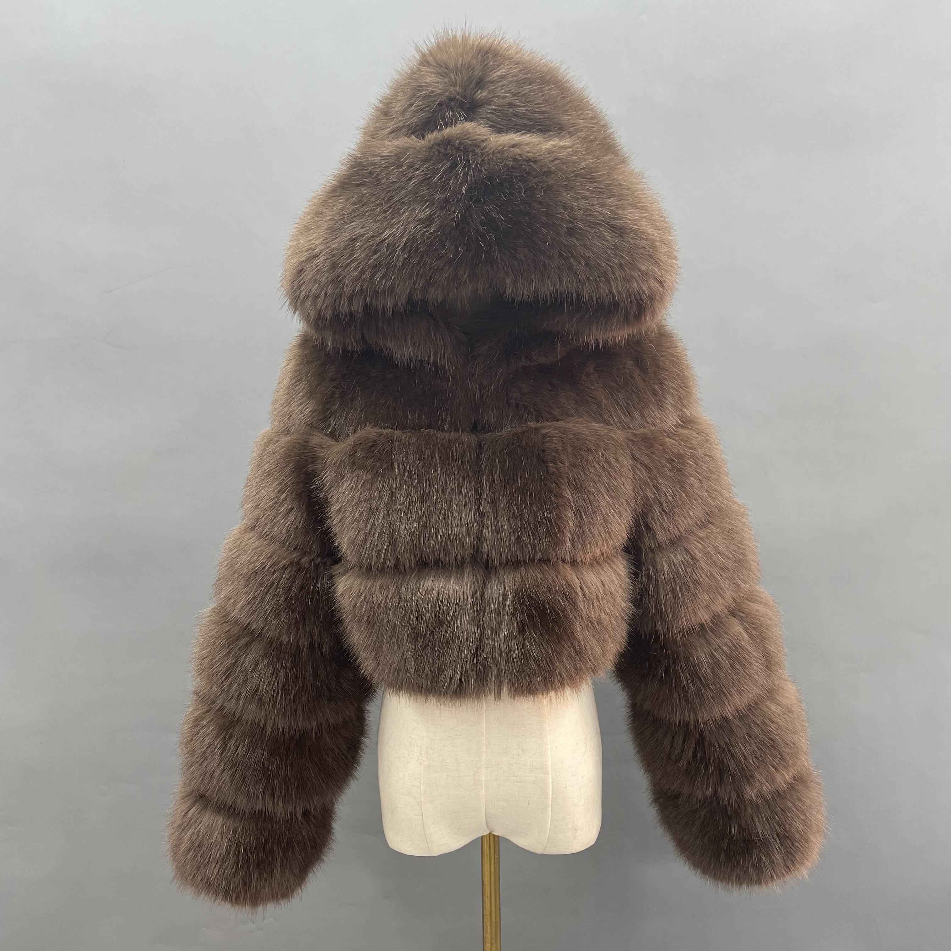 Three - Panel Faux Fur Cropped Hooded Coat