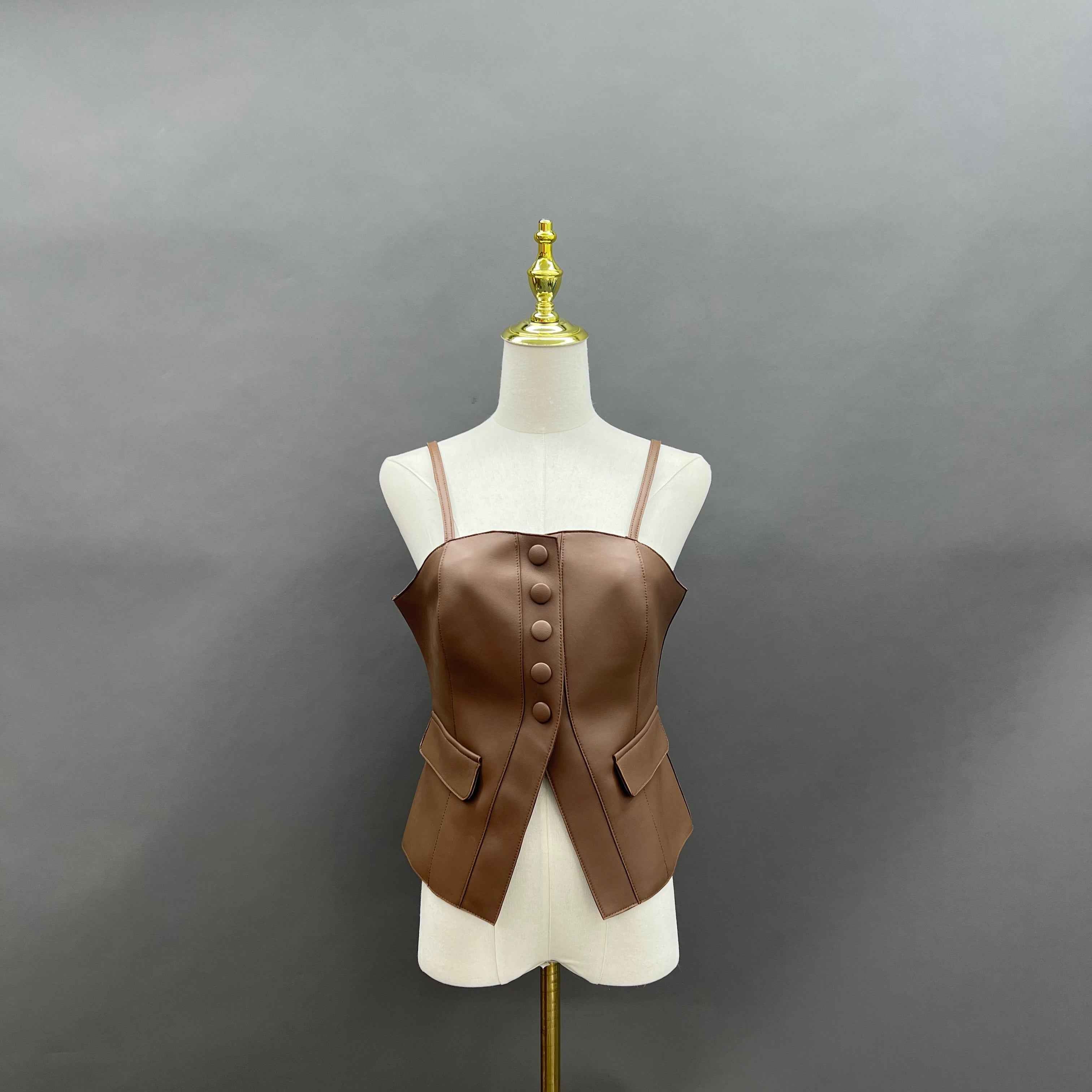 Pink Faux Leather Corset Top with Vertical Buttons and Pockets – Women’s Strappy Bodysuit for Casual & Party Wear