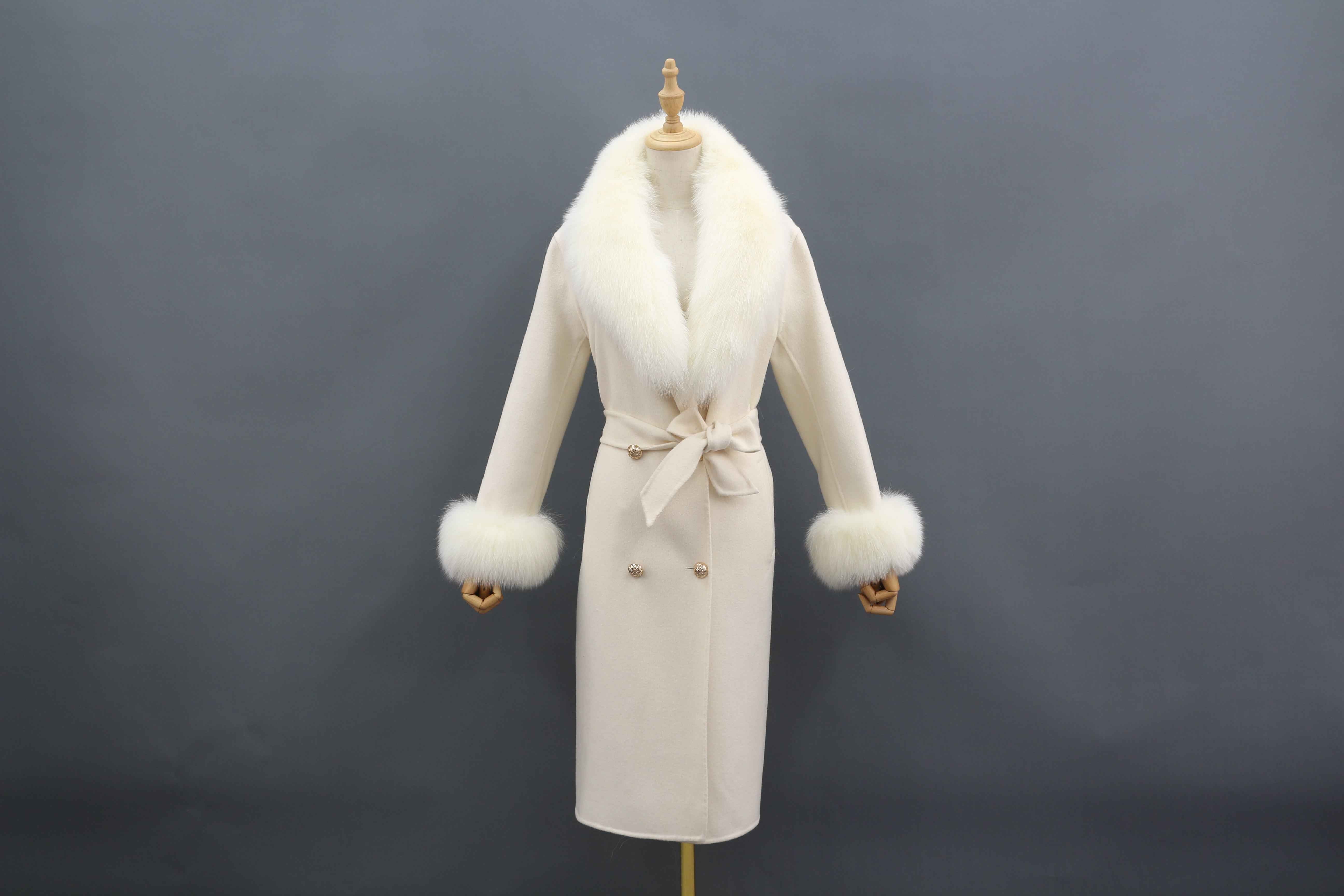 Luxurious Double - Faced Wool Long Coat with Large Fox Fur Collar, Fur Cuffs and Tie Waist