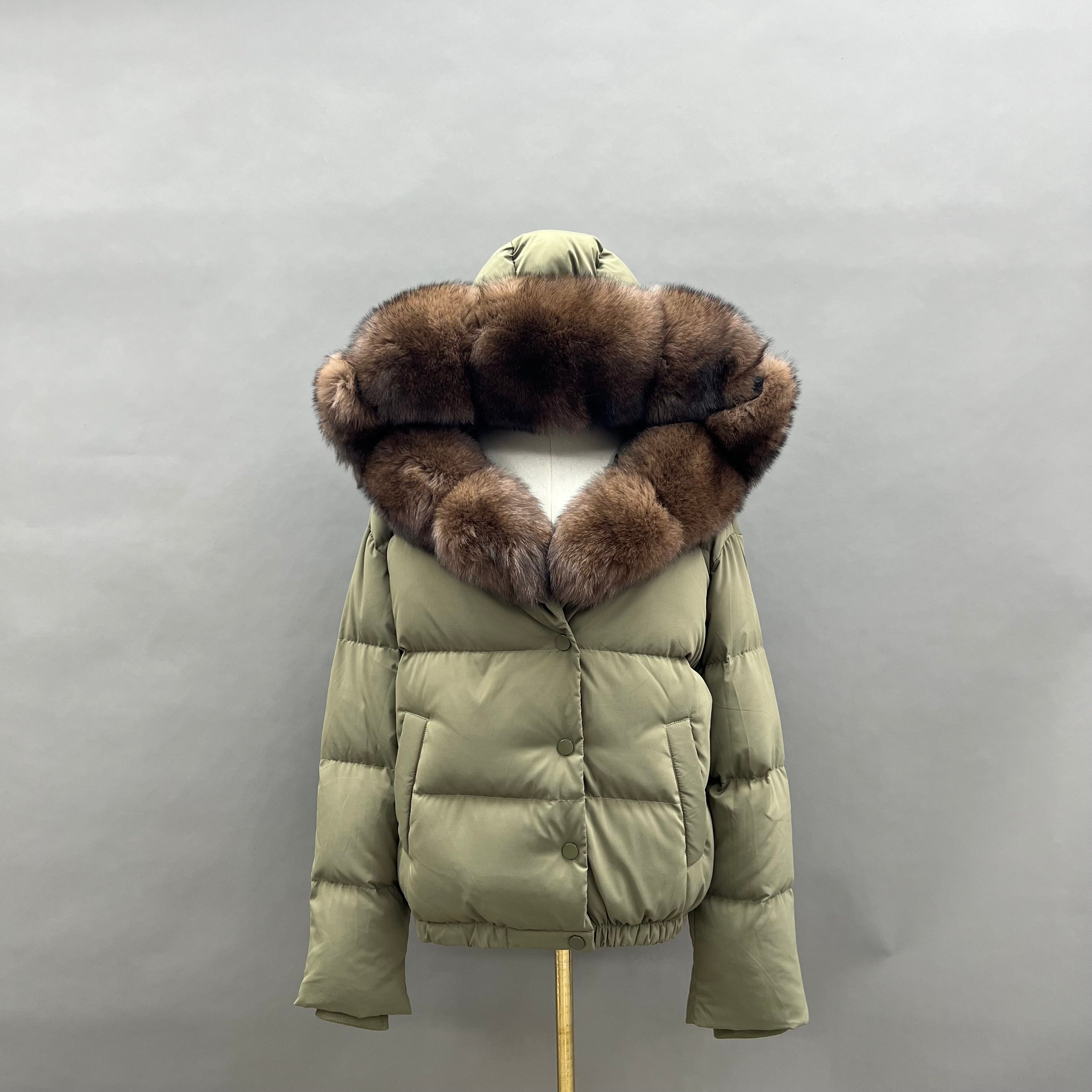 Women’s Brown Down Jacket with Real Fox Fur Hood – Short Puffer Winter Coat for Elegant Fashion 8#Dark Green
