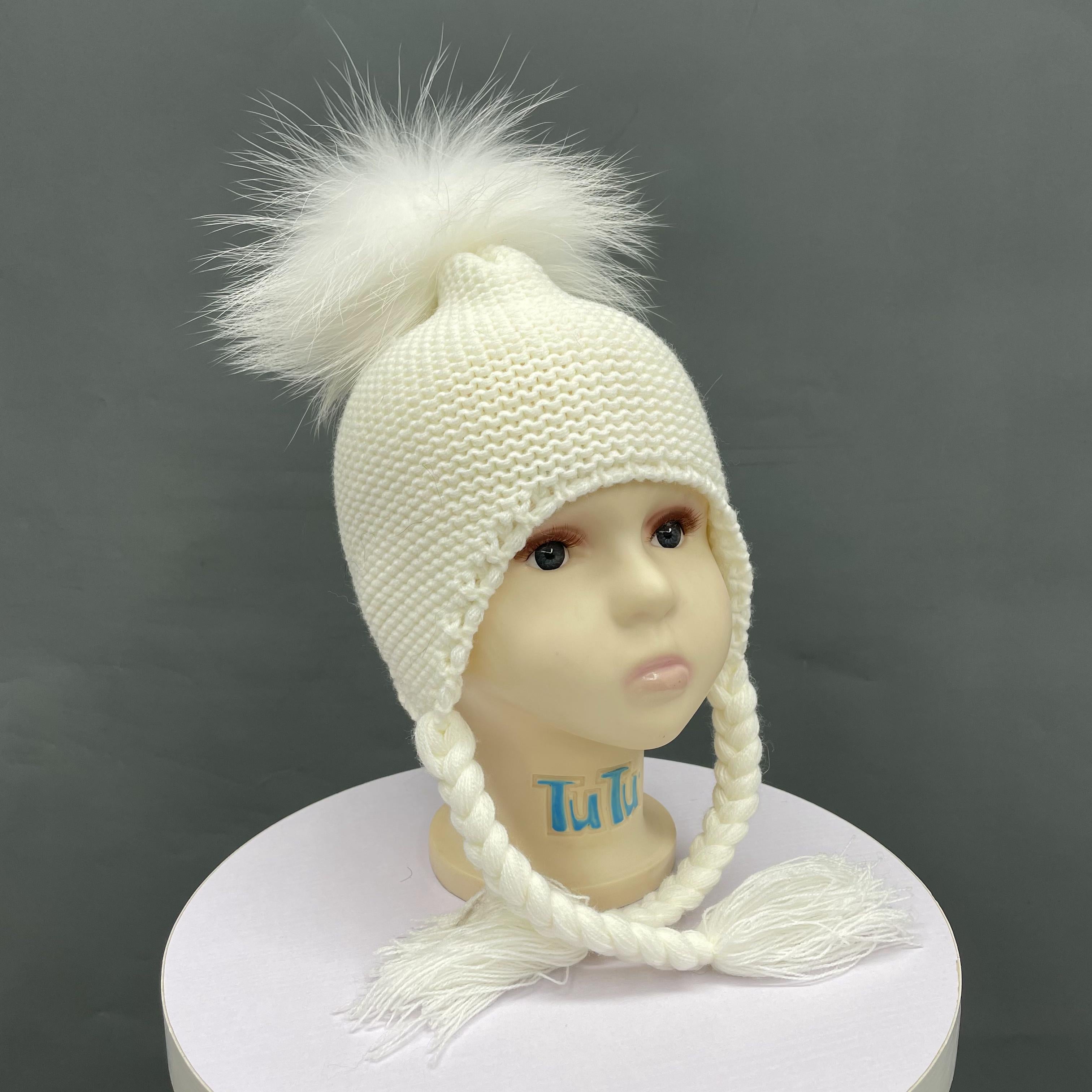Children's Fashion Knitted Big Braid Raccoon Fur Pom Pom Hat - Janefur
