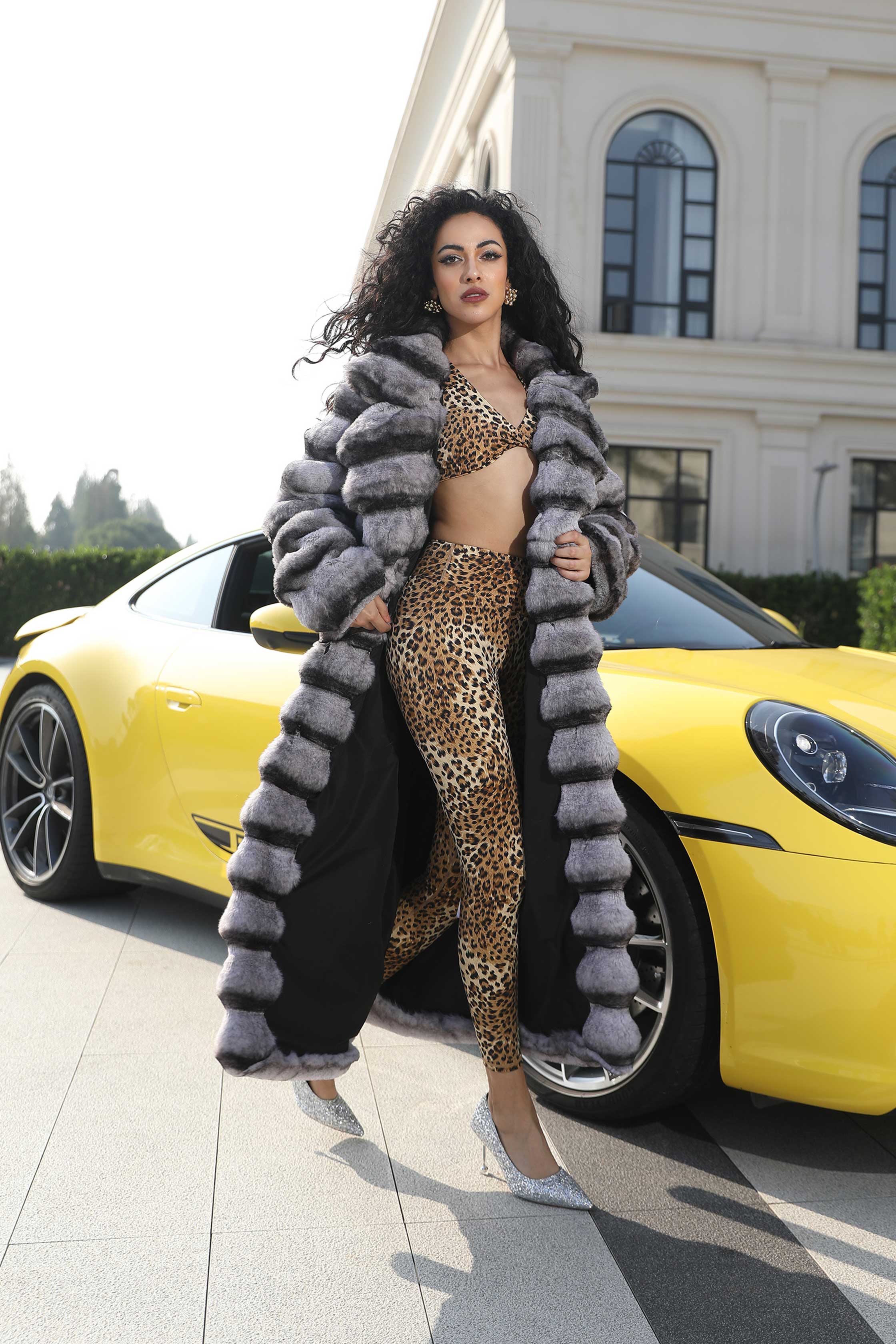 Eco Friendly Faux Fur Women's Casual Notched Collar Chinchilla Pattern Long Coat - Janefur