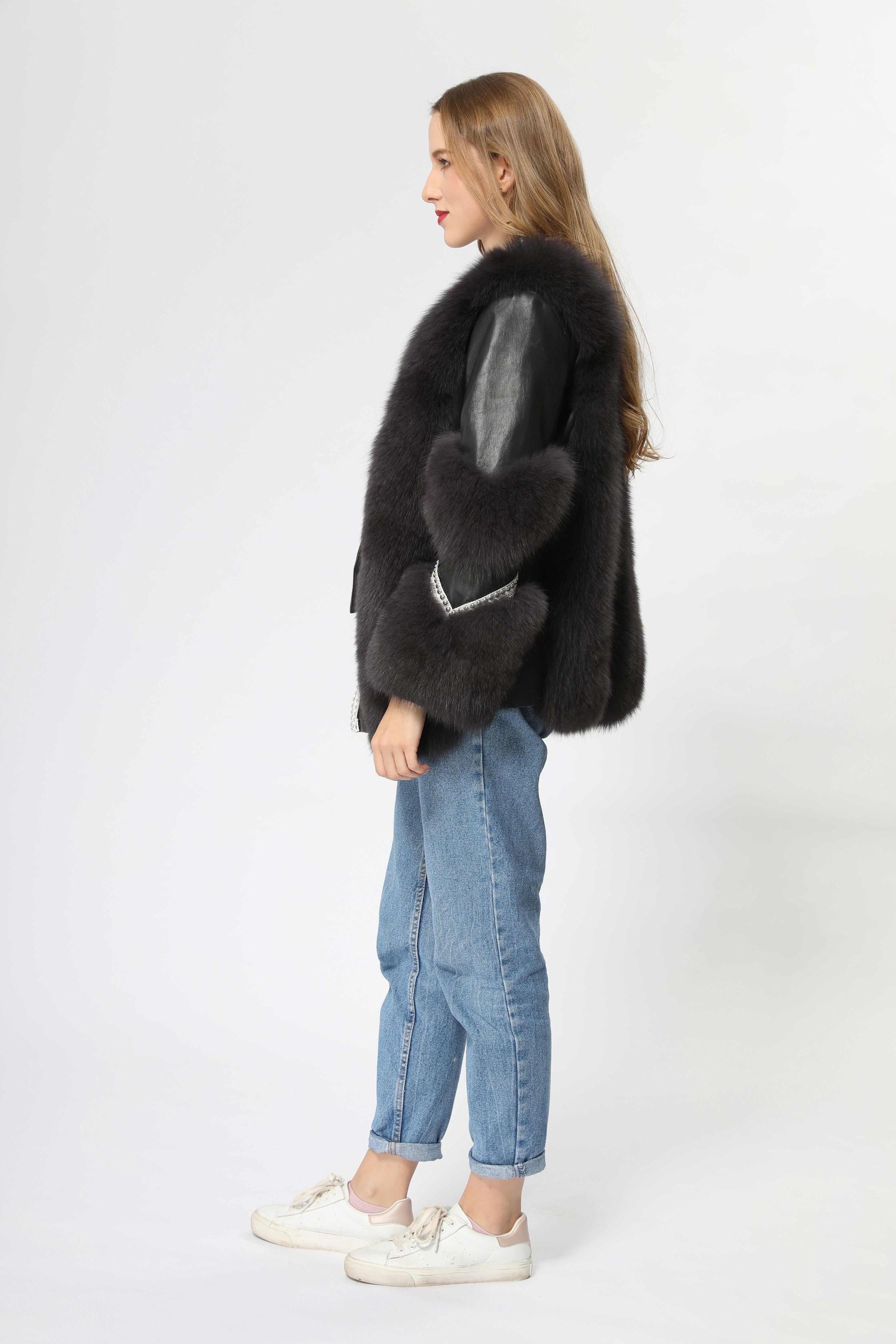 Women's Fox Fur Patchwork Leather Rivet Front Winter Coat - Janefur