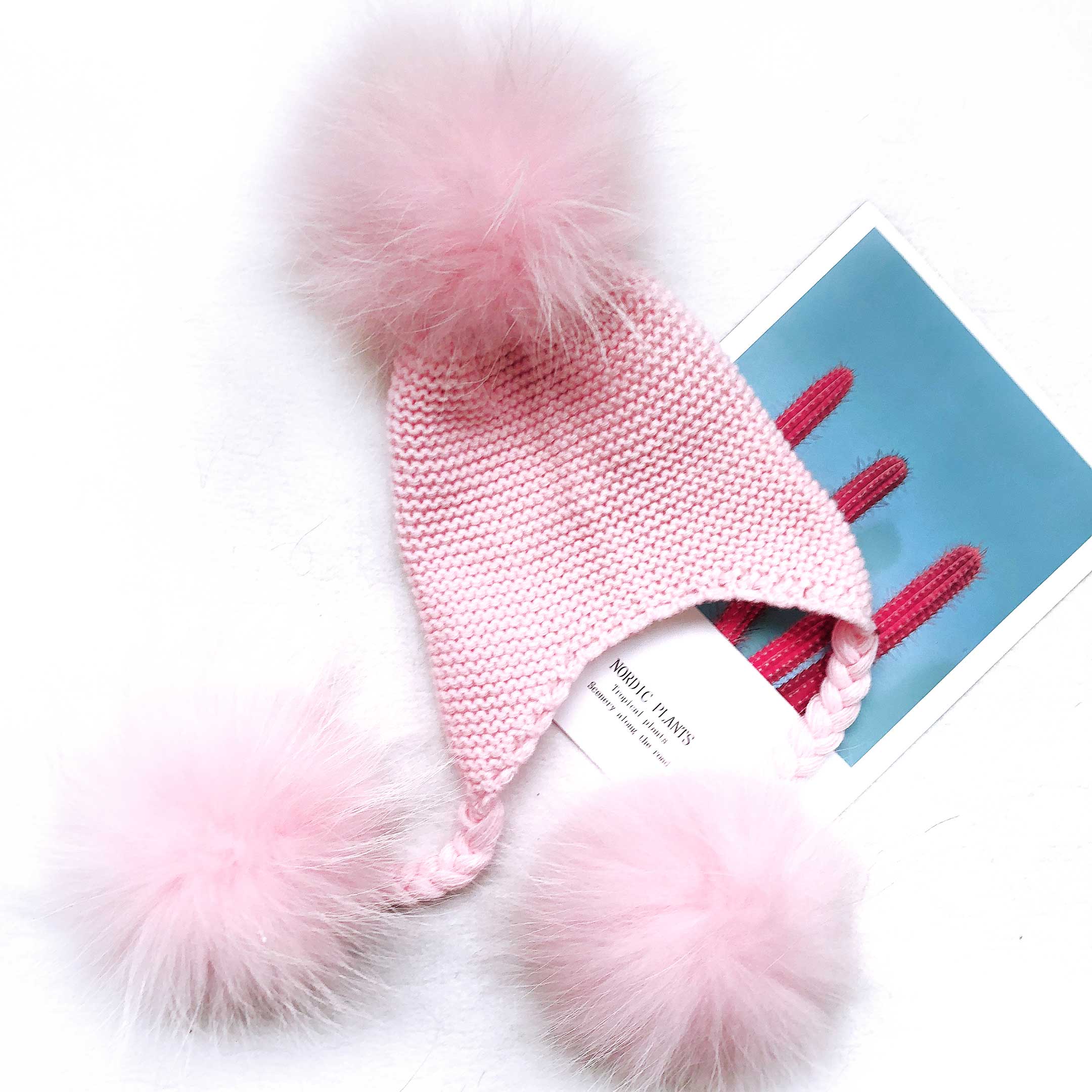 Children's Fashion Knitted Big Braid Raccoon Fur Pom Pom Hat - Janefur
