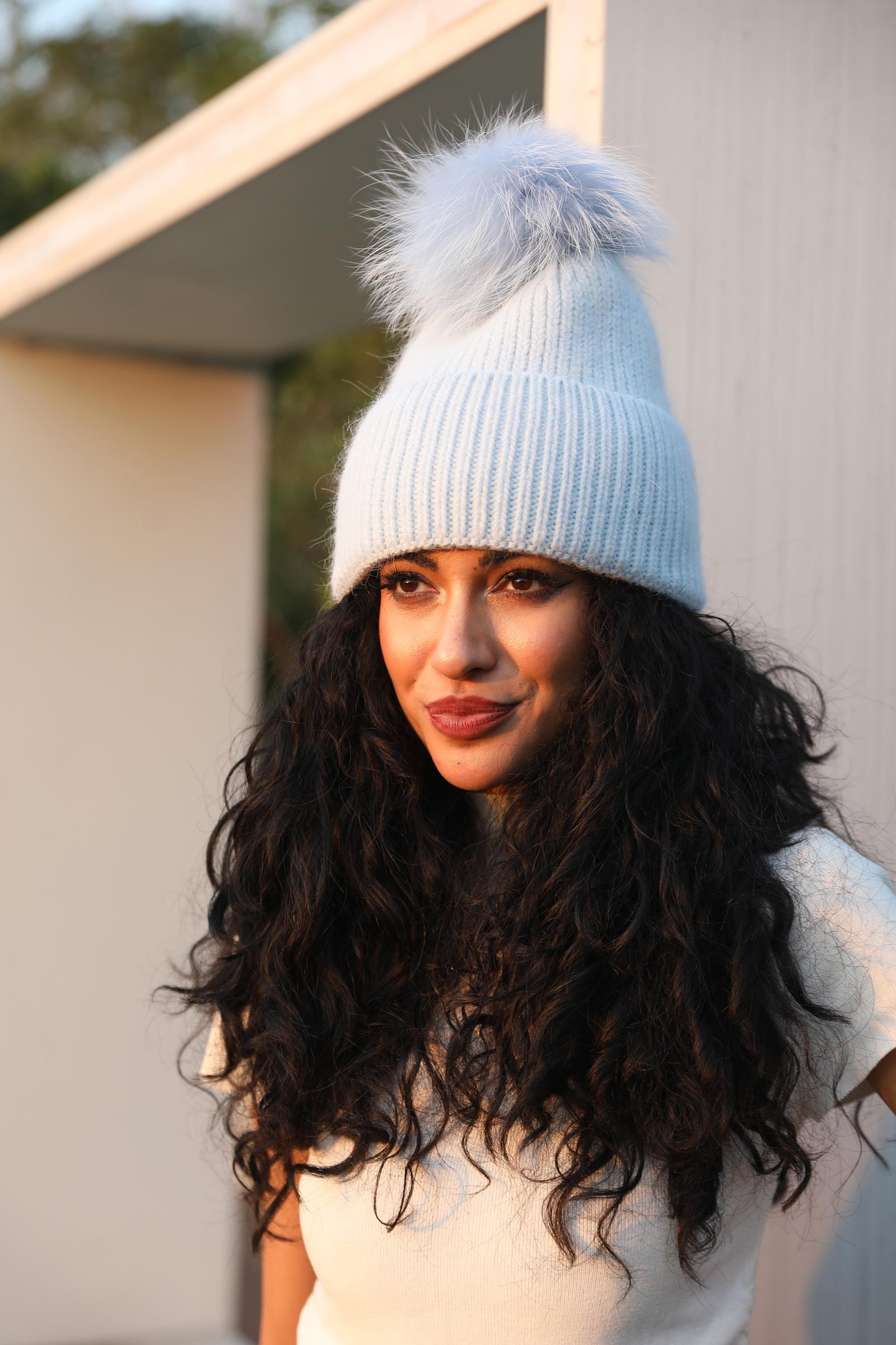 Women's Fashion Thin Striped Rabbit Fur Pom Pom Hat - Janefur