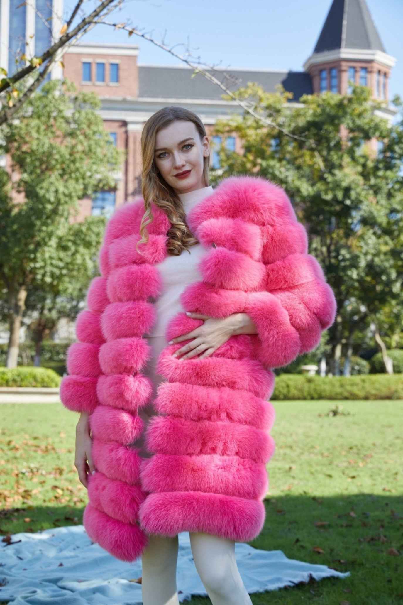 Fox Fur Round Collar Women's Long Coat Hem Removable - Janefur