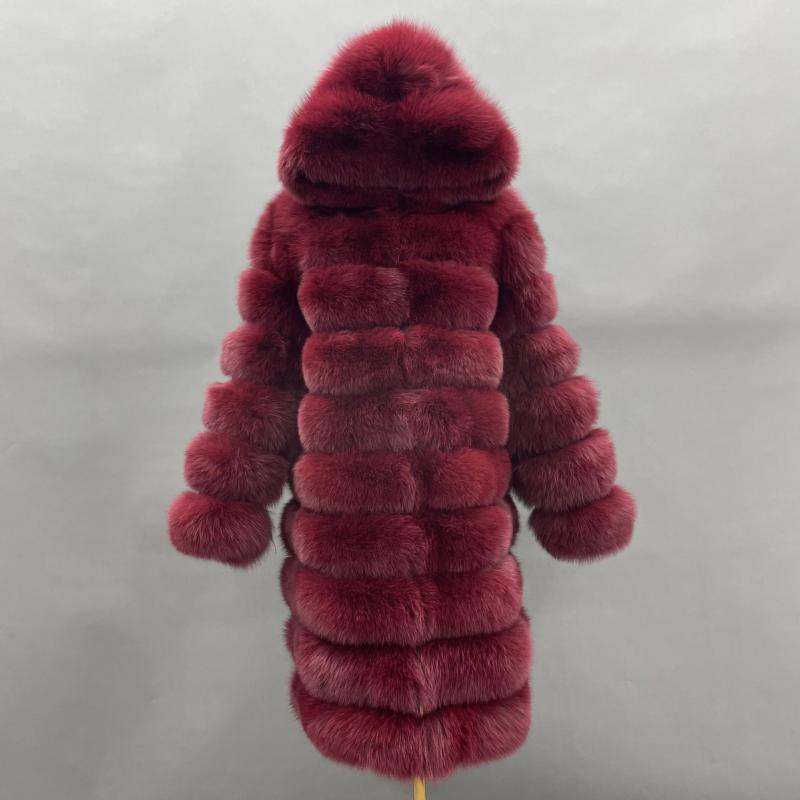 Long Blue Fox Hooded Fox Fur Coat - Janefur