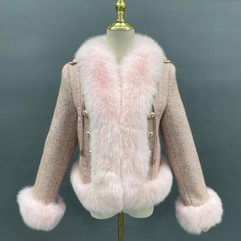 Women's Winter Fashion Coarse Woven Fabric Fox Fur Collar Coat - Janefur