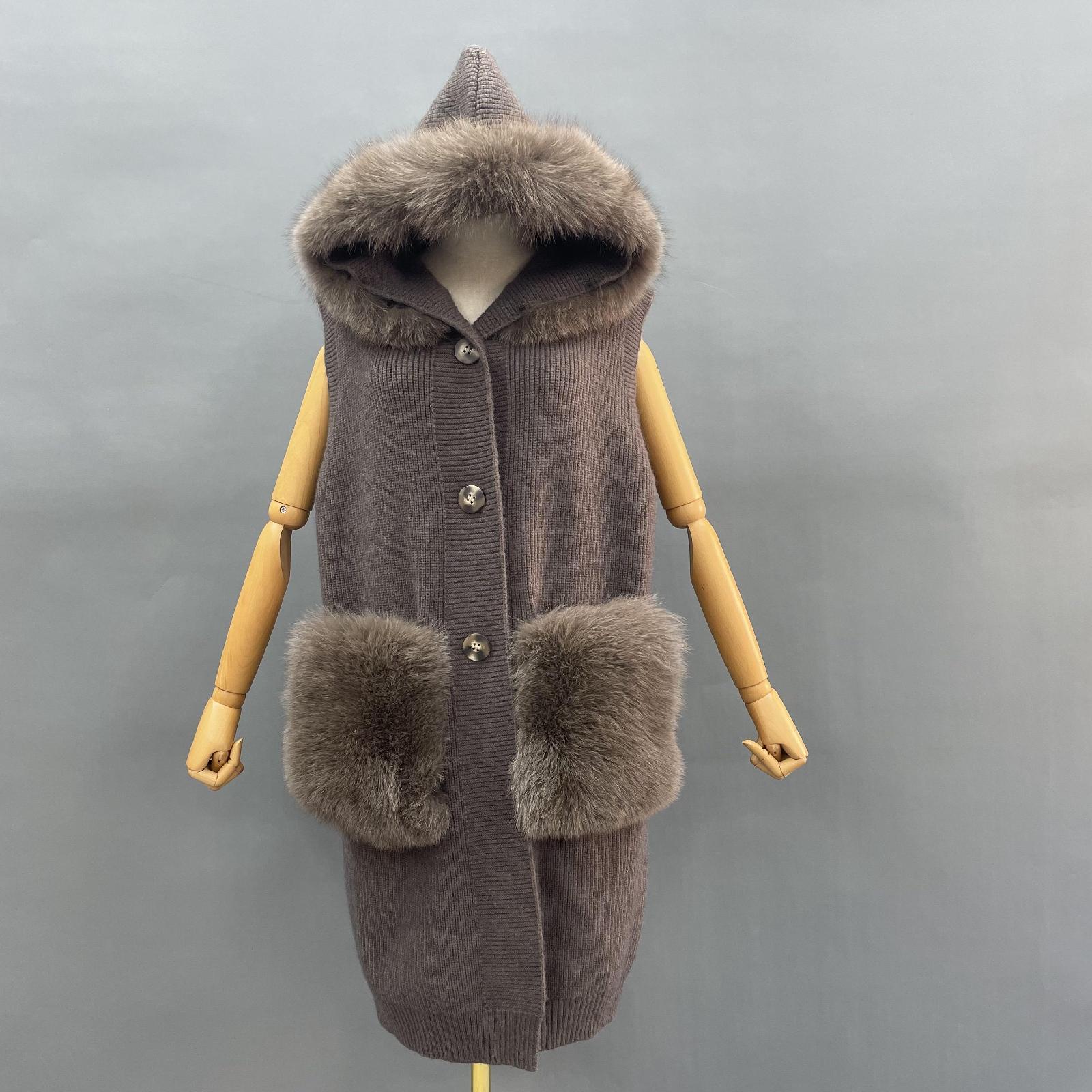 Women's Knitted Sweater Hooded Vest Sleeveless Button Down Cardigan Outwear Top with Pockets - Janefur