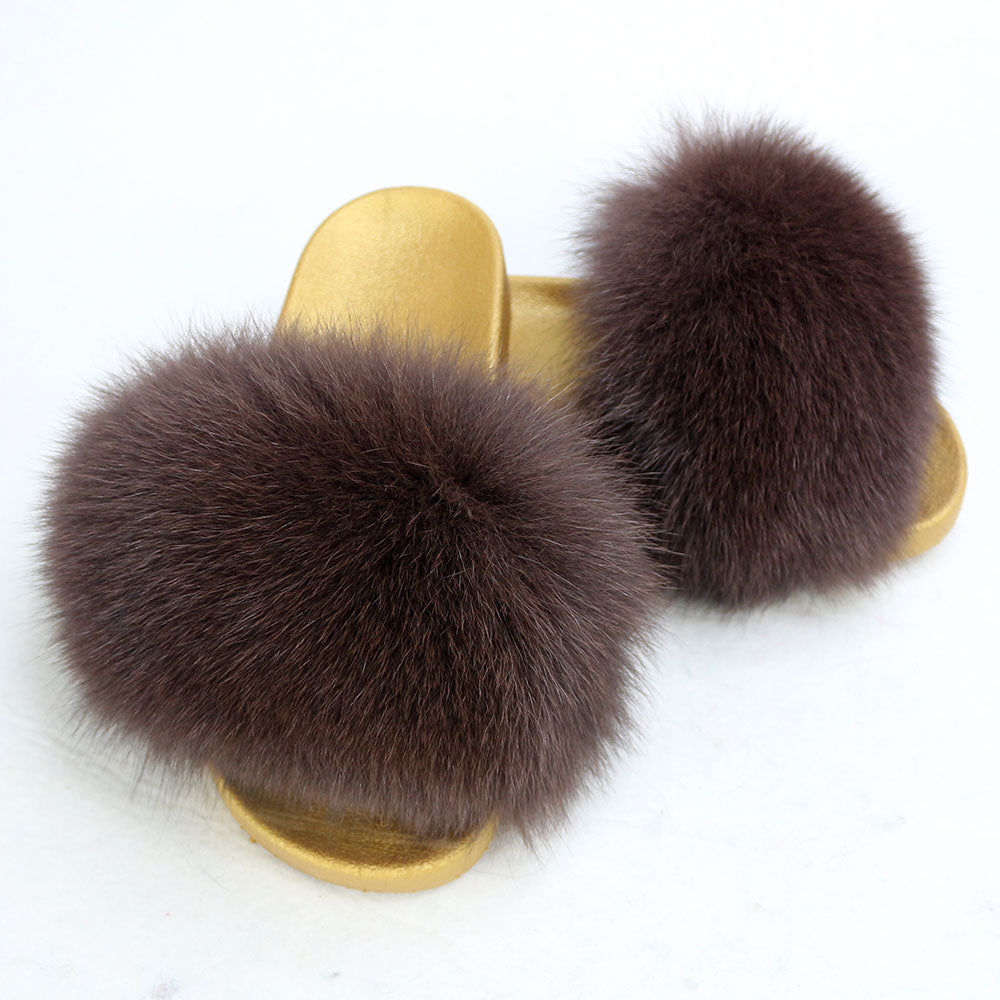 Janefur Wholesale Women's Fashion Slippers With Real Fox Fur Trim (Black, Gold, Silver Soles)