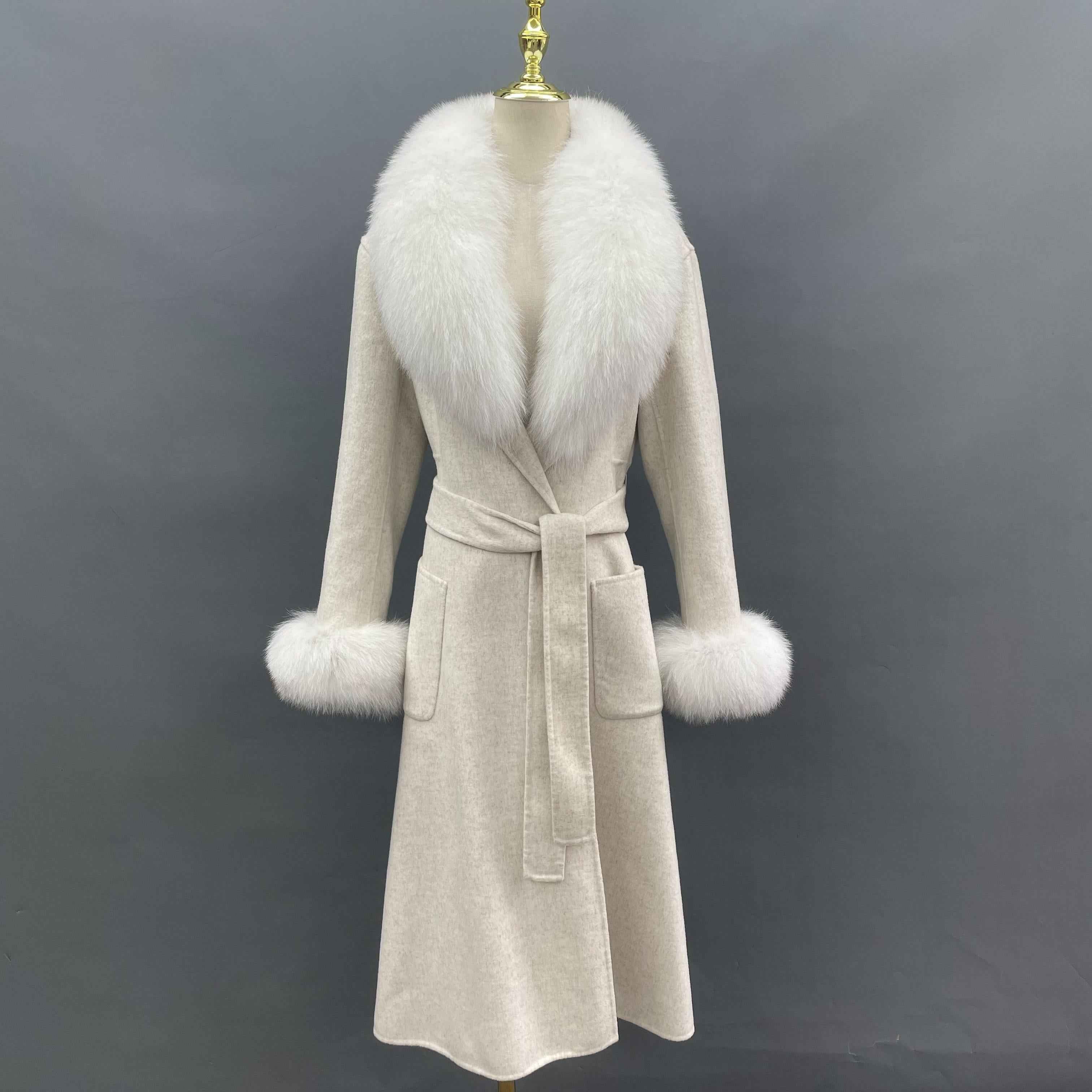 Women's Luxury Double - Faced Wool Coat with Fox Fur Collar, Flared Skirt & Straight Pockets, Elegant Winter Outerwear