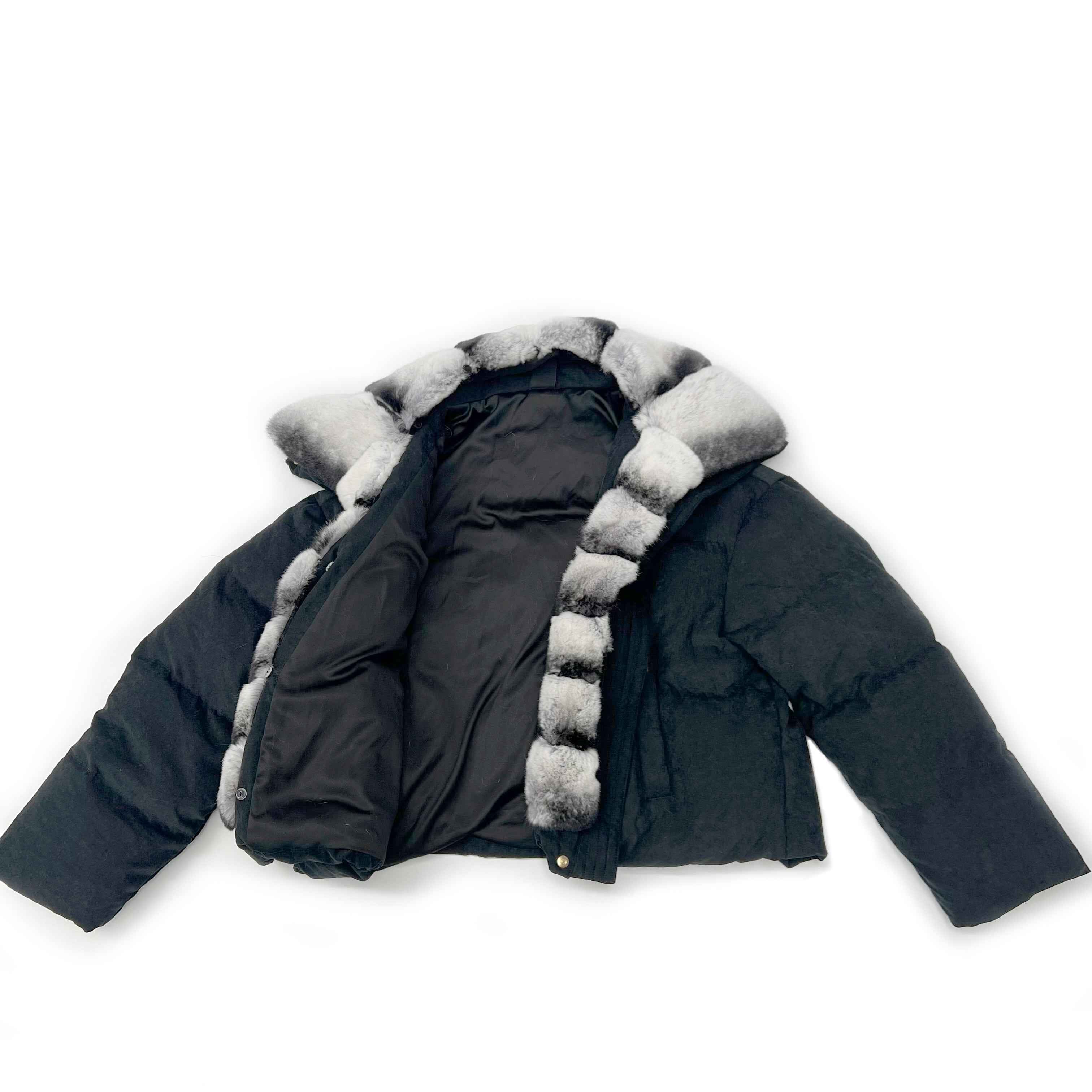 Women's Down Jacket with Rabbit Fur - Trimmed Collar and Placket