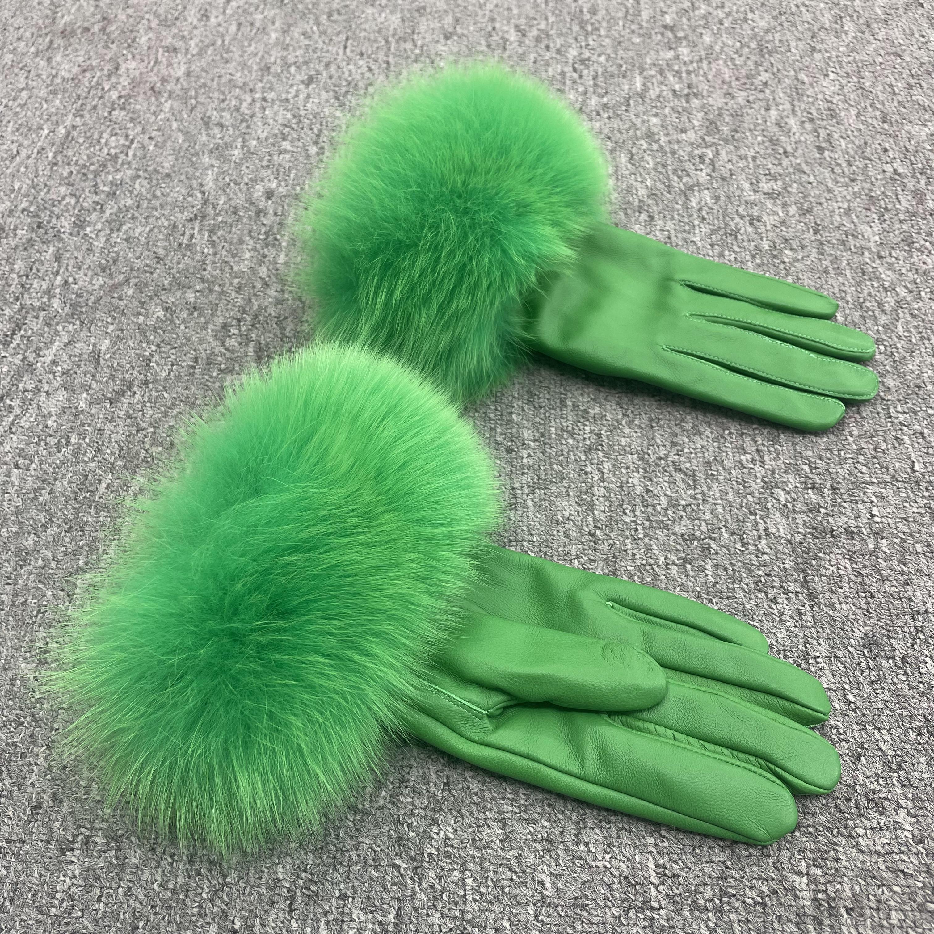 Women’s Black Leather Gloves with Real Fox Fur Trim – Elegant Winter Fashion Accessory for Luxury Style 5 F