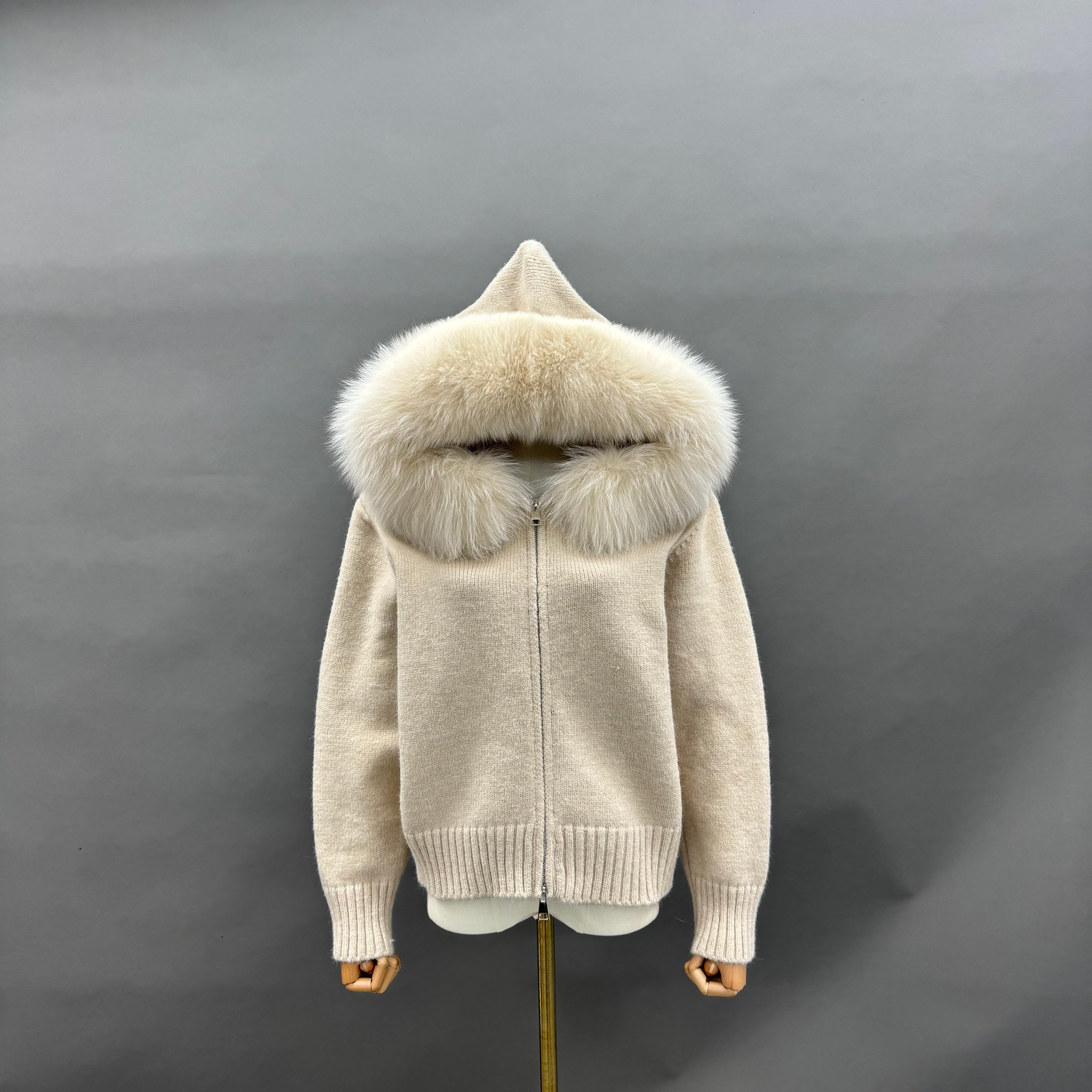 Women’s Beige Sheep Wool Knit Hooded Jacket with Real Fox Fur Trim – Full-Zip Winter Coat for Cold Weather Fashion 9#Beige F-chest 104