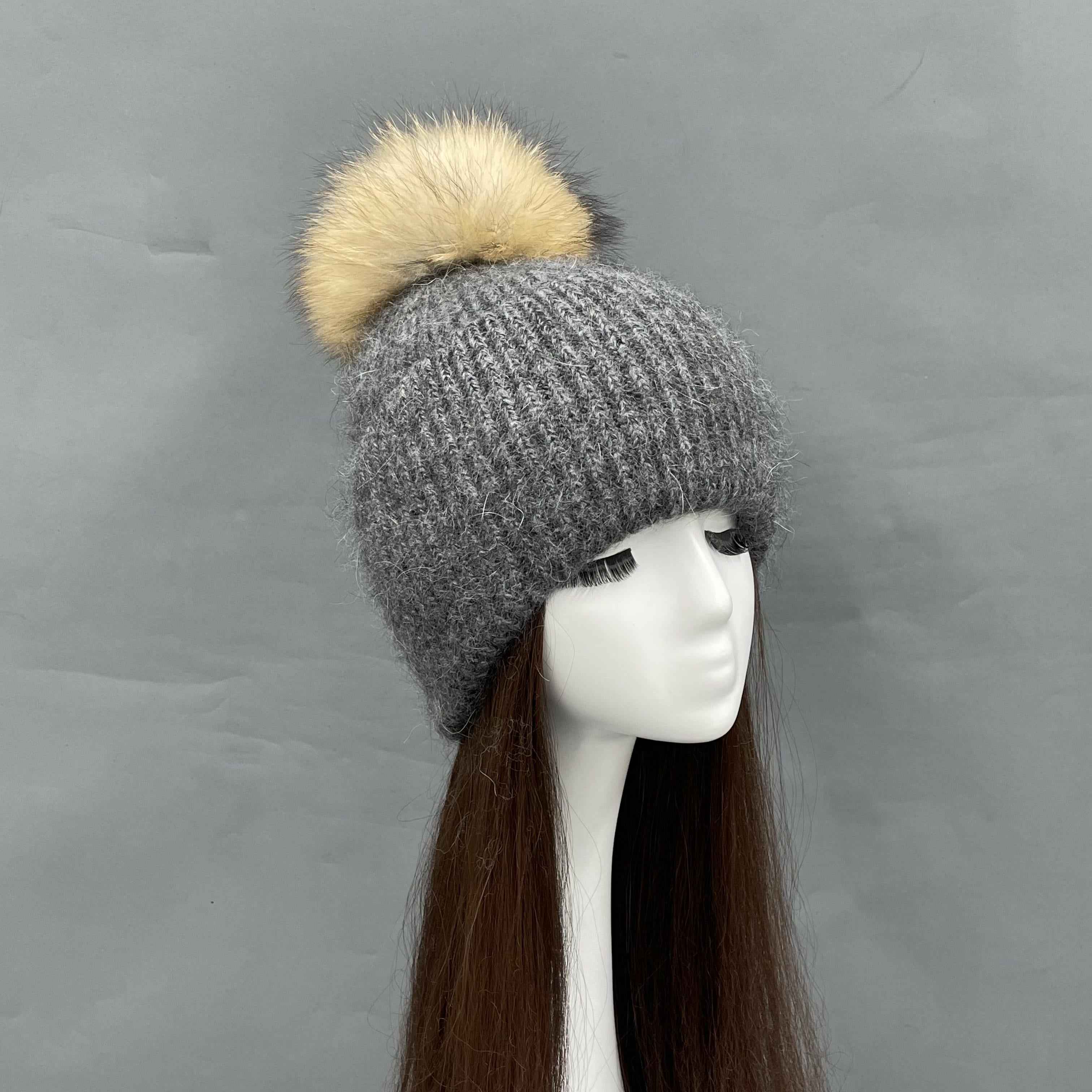 Wholesale Shiny Rabbit Fur Knit Beanie – Raccoon Fur Pompom Top, Winter Hat for Women, Premium Warmth & Fashion in Bulk 9#Grey