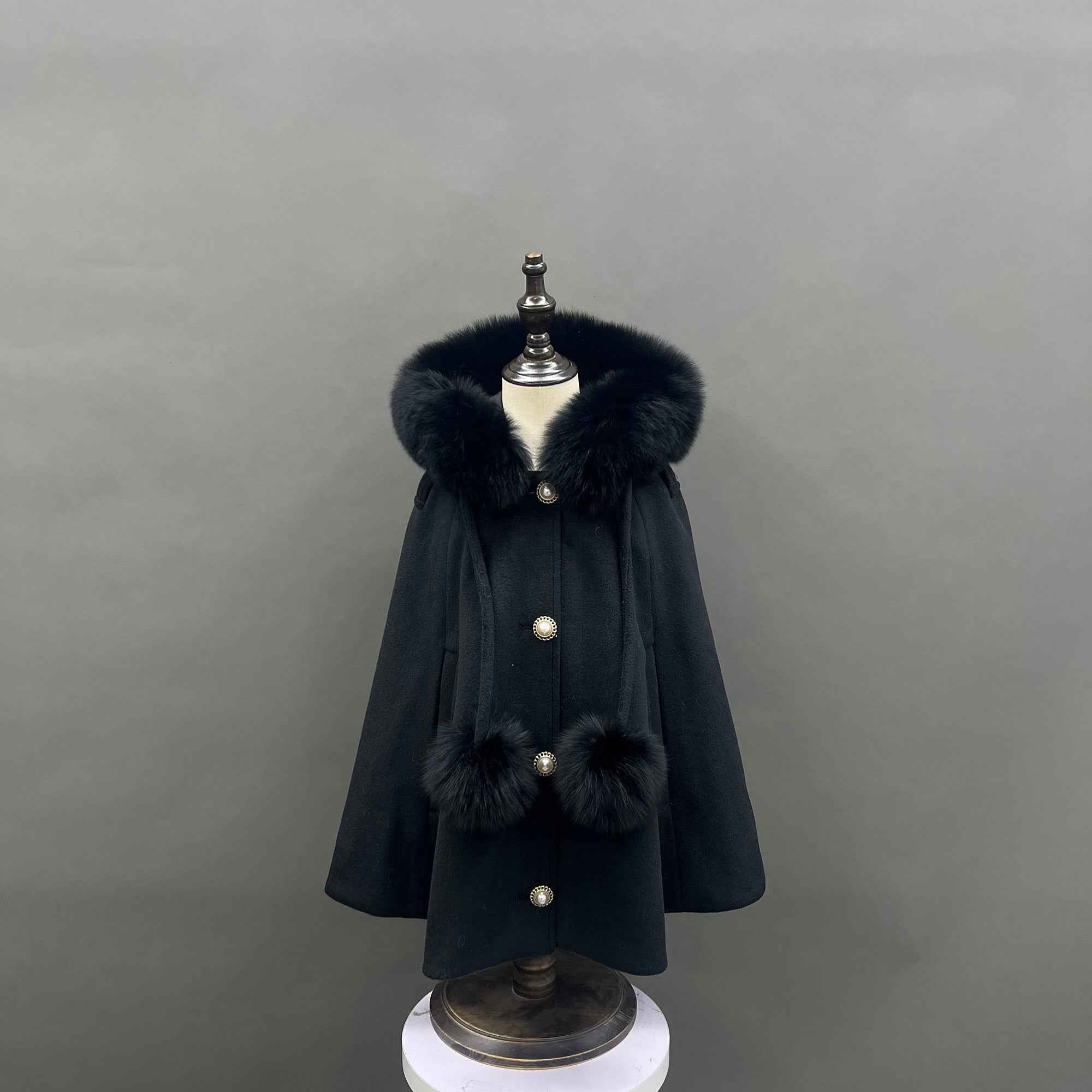 Kids fox fur trimmed pompom hooded cape