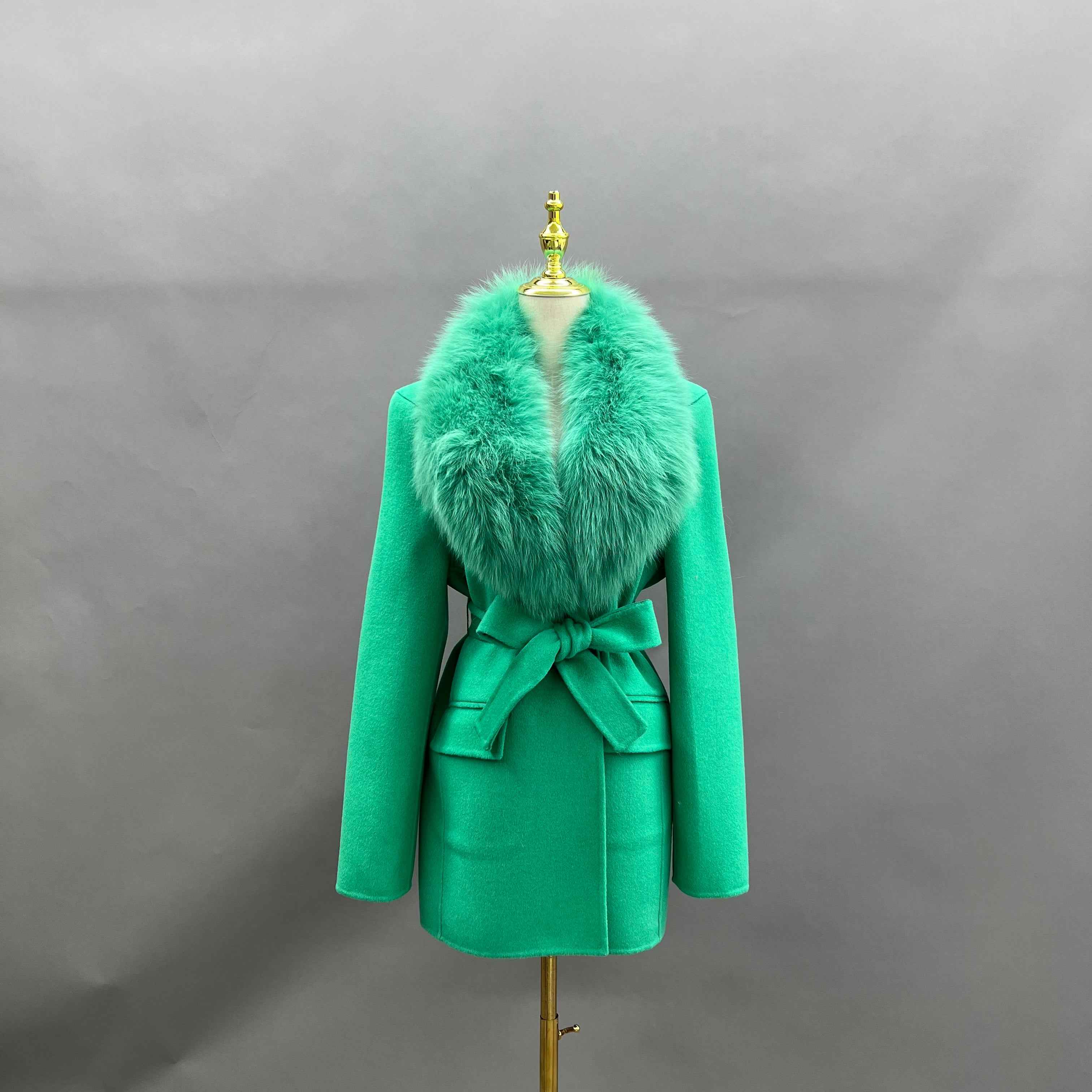 Cashmere Double Faced Coat with Fox Fur Collar, Tie Belt and Shoulder Pads